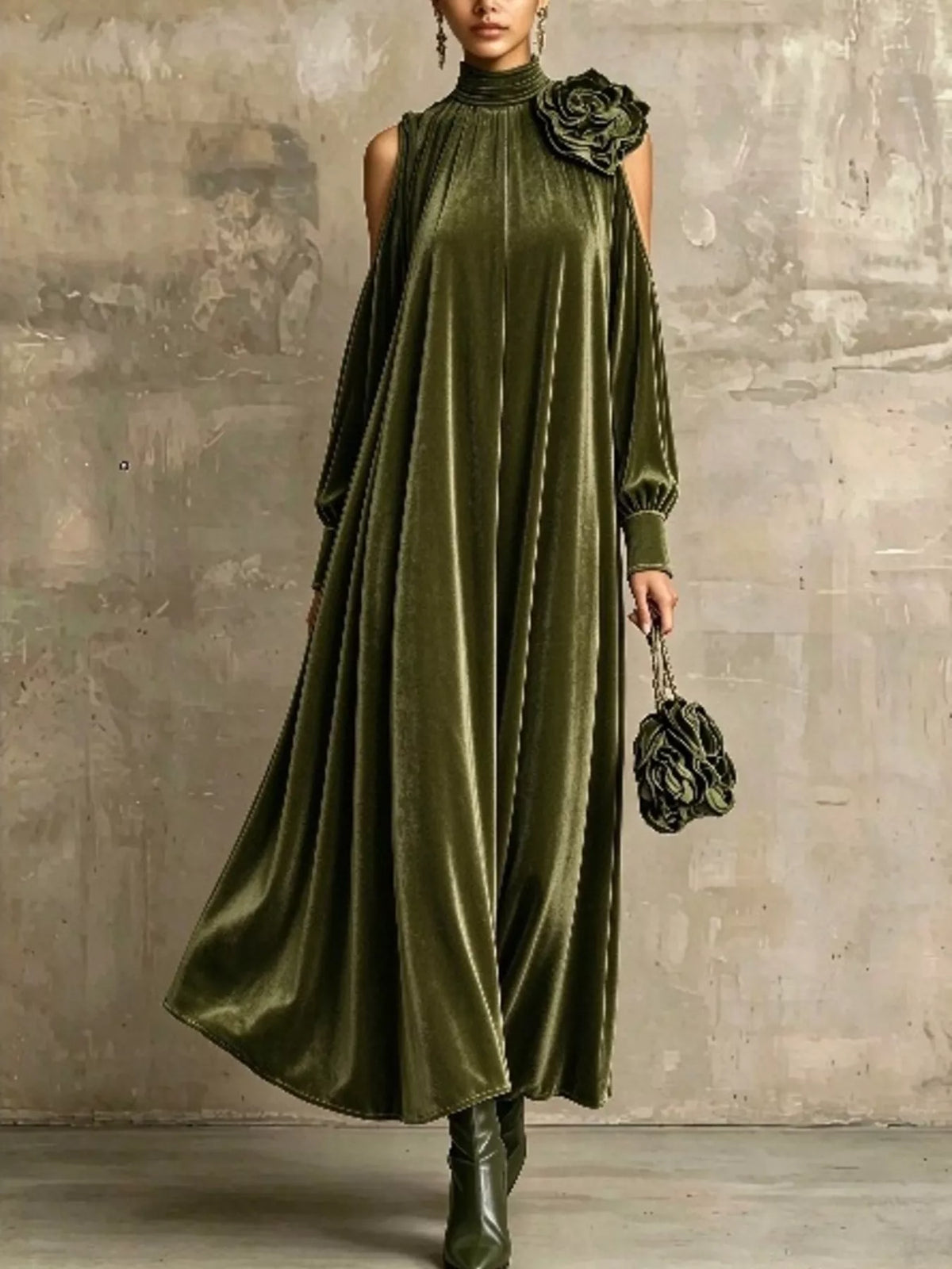 Mock neck long sleeve midi dress, front view on model