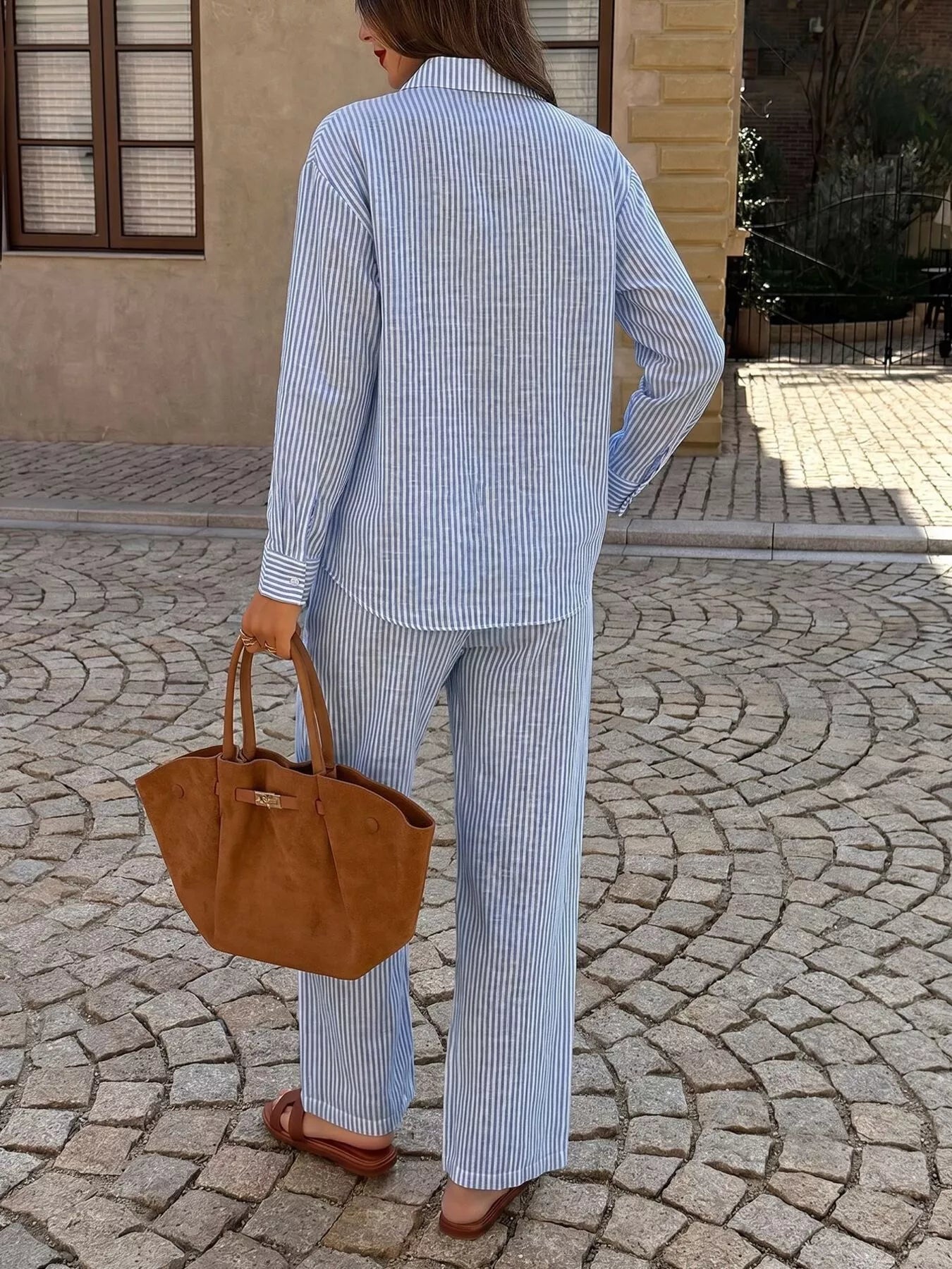 Trendsi Striped Button Up Shirt and Pants Set -