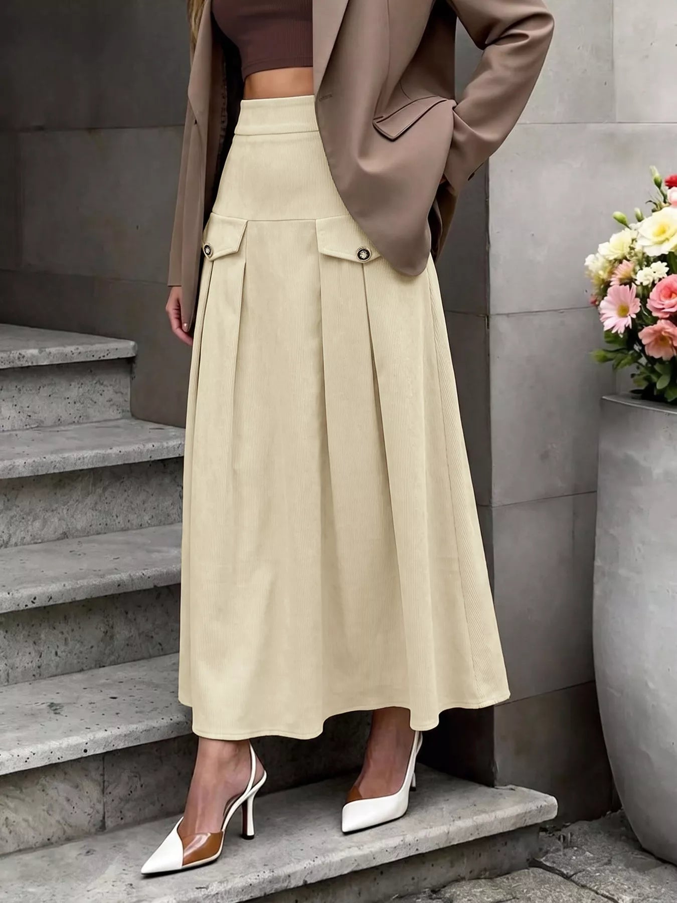 Trendsi High Waist Pleated Midi Skirt -