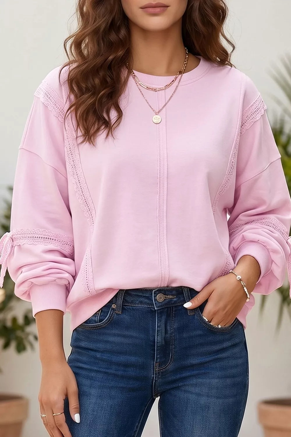 Lace-detail sweatshirt, pink front