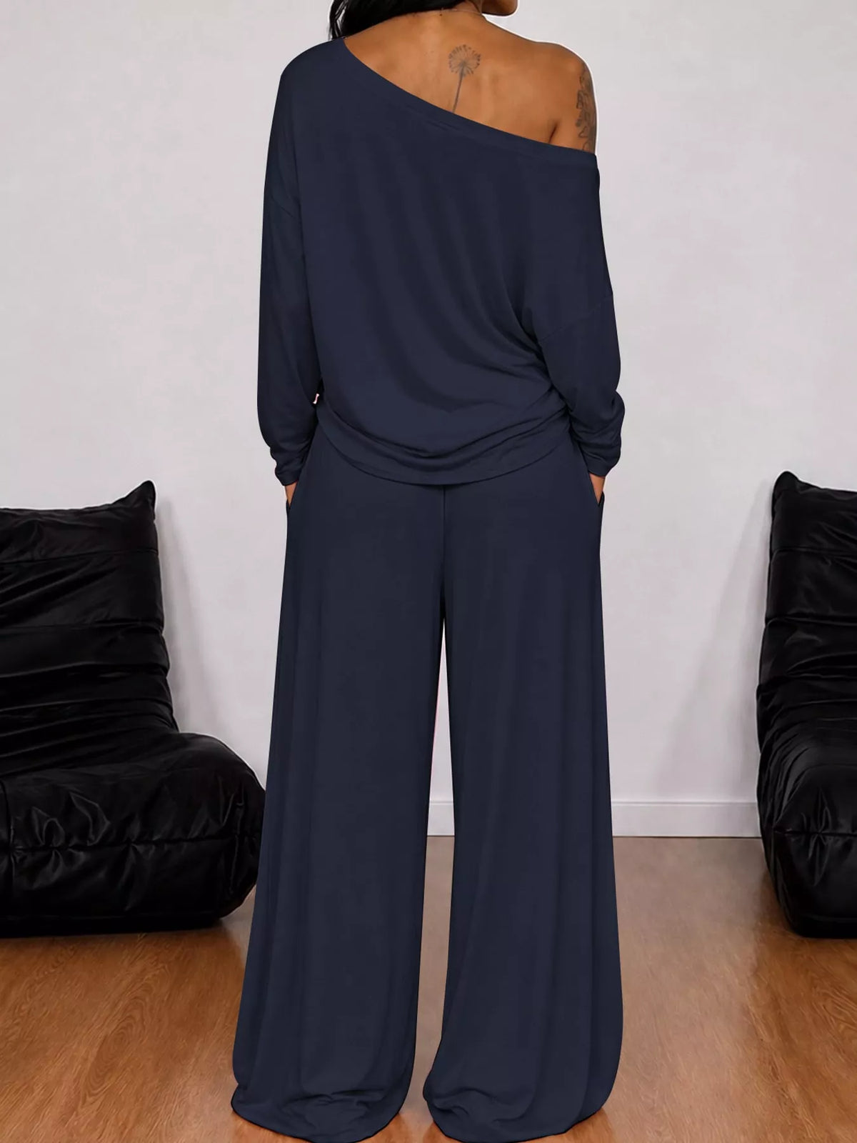 Off-Shoulder Striped Long Sleeve Top and Wide Leg Pants Set, back view in navy blue