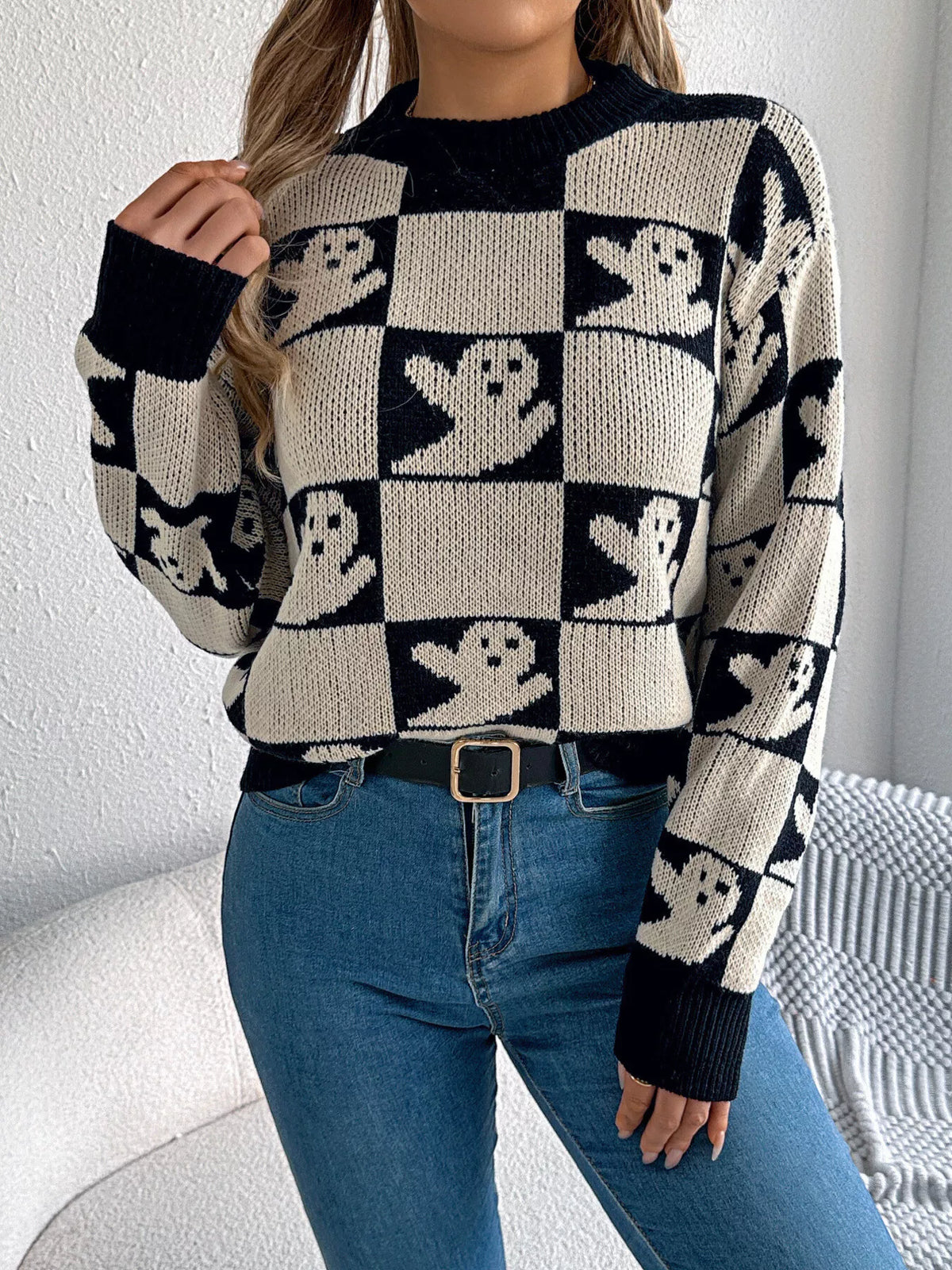 Checkerboard Halloween Graphic Sweater in black ghost, front view
