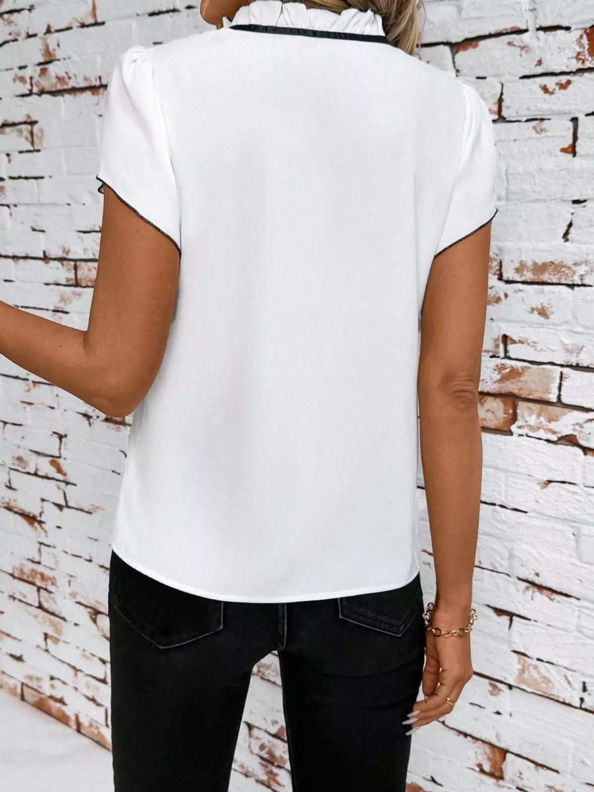 Contrast Trim Ruffle Sleeve Tie-Front Blouse, back view in white and black