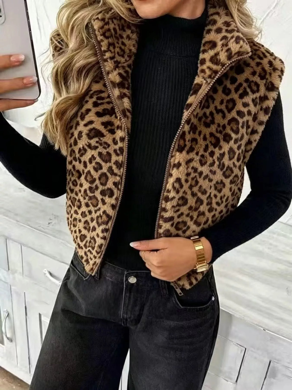 Animal-print vest, brown leopard-print front