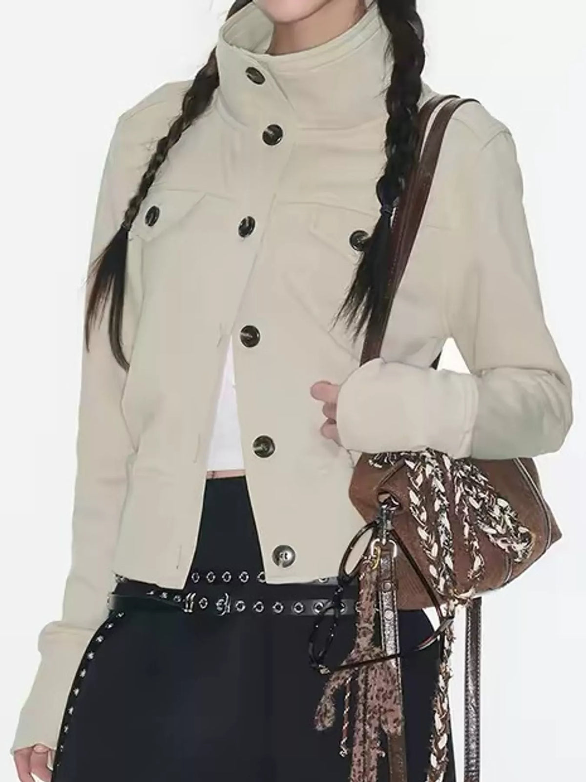 High-neck jacket, beige angled front