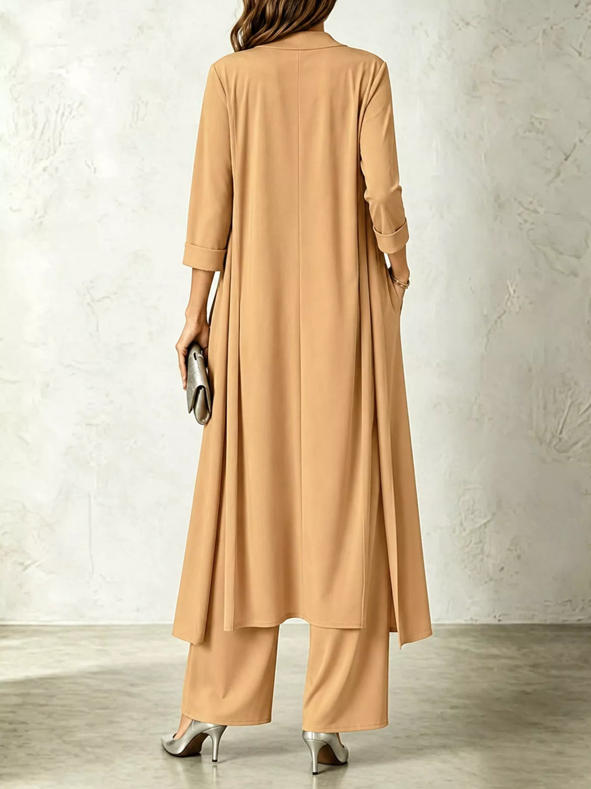 Tan cowl neck top, cardigan and pants set, back view