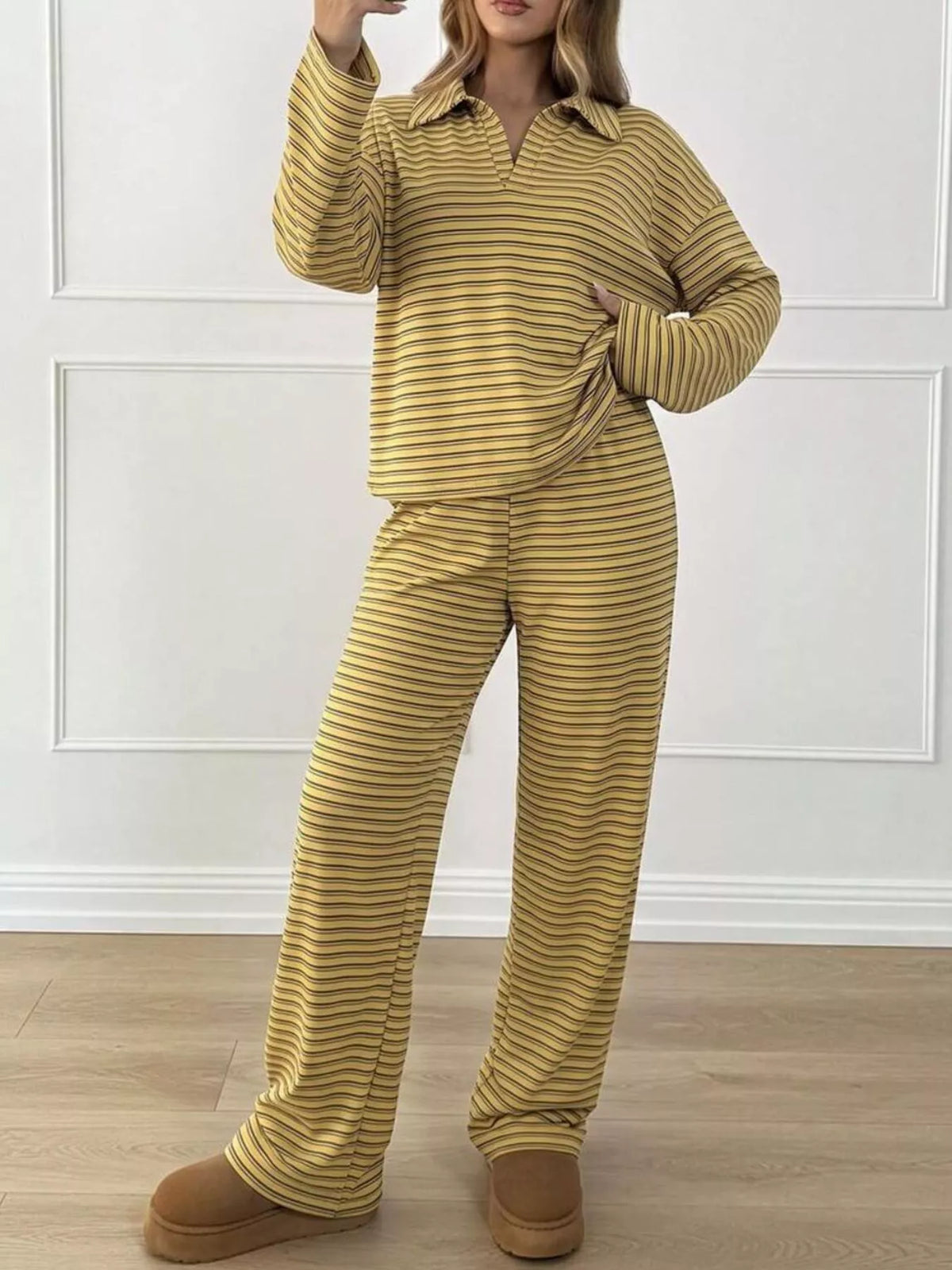 Striped Polo Top and Wide-Leg Pants Set, front view