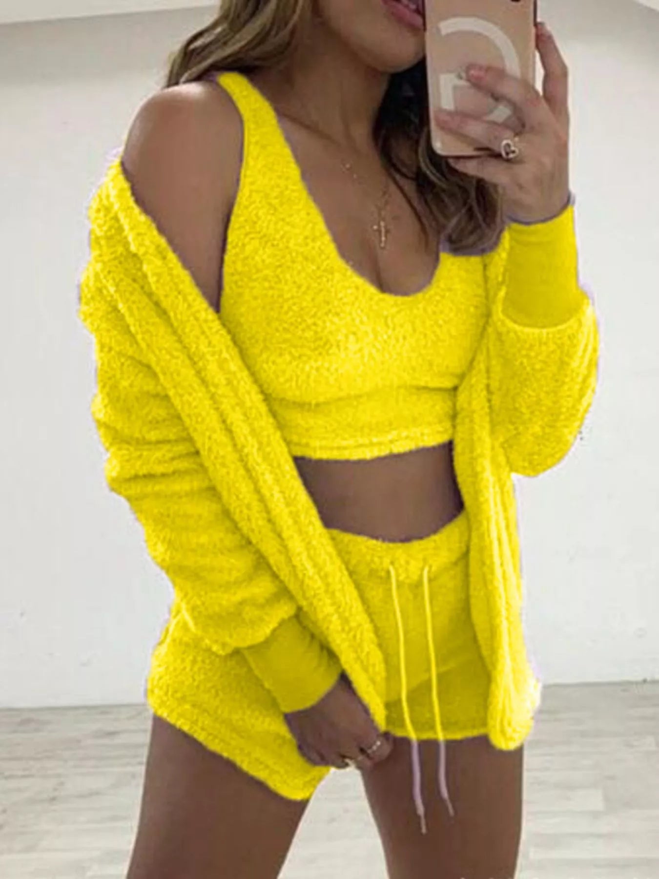 Trendsi Full Size Fuzzy Tank & Cardigan and Shorts Three-Piece Set Plus Size -