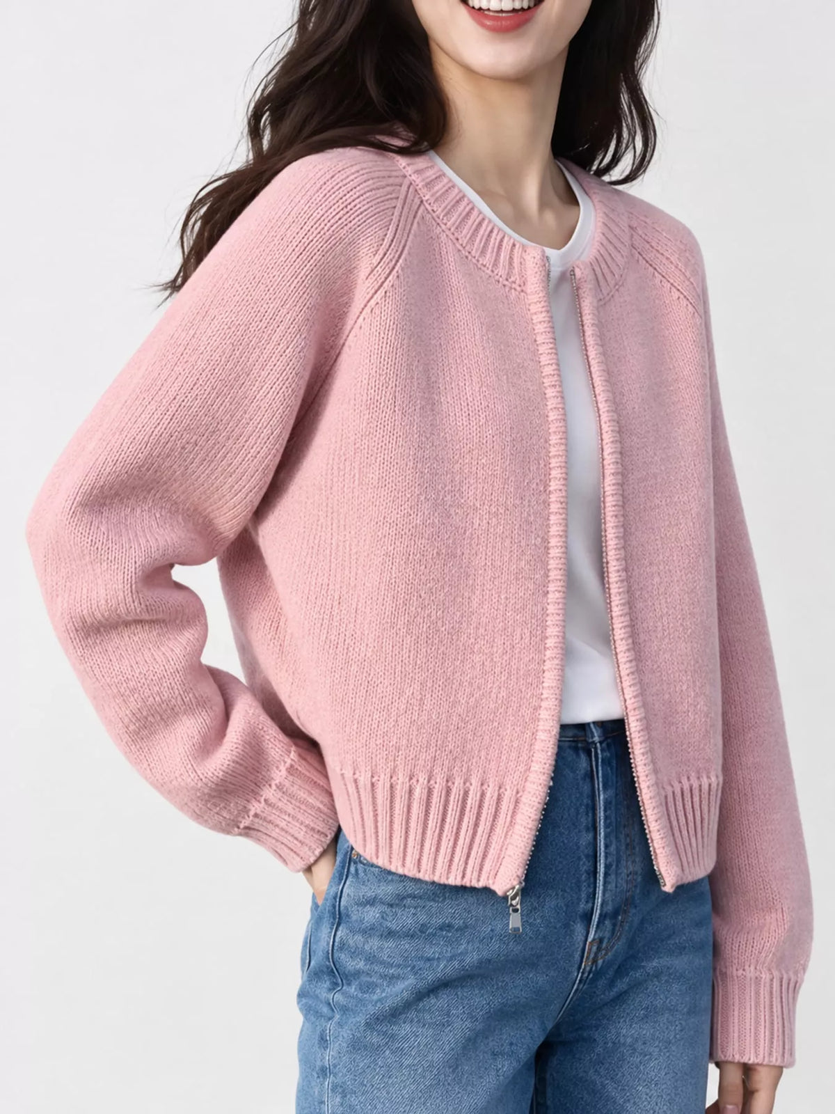 Ribbed-hem cardigan, pink front