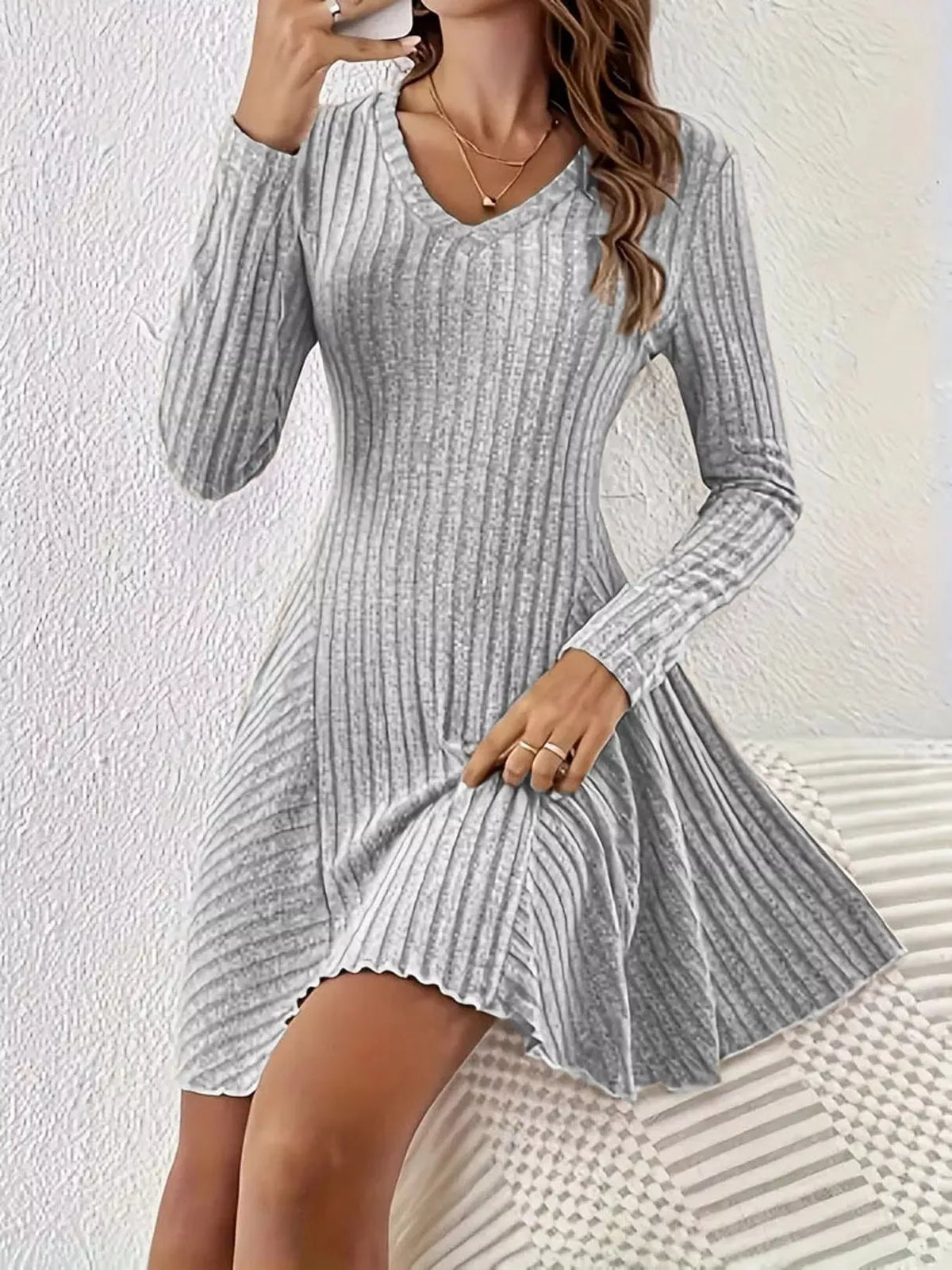Ribbed mini dress, gray seated front