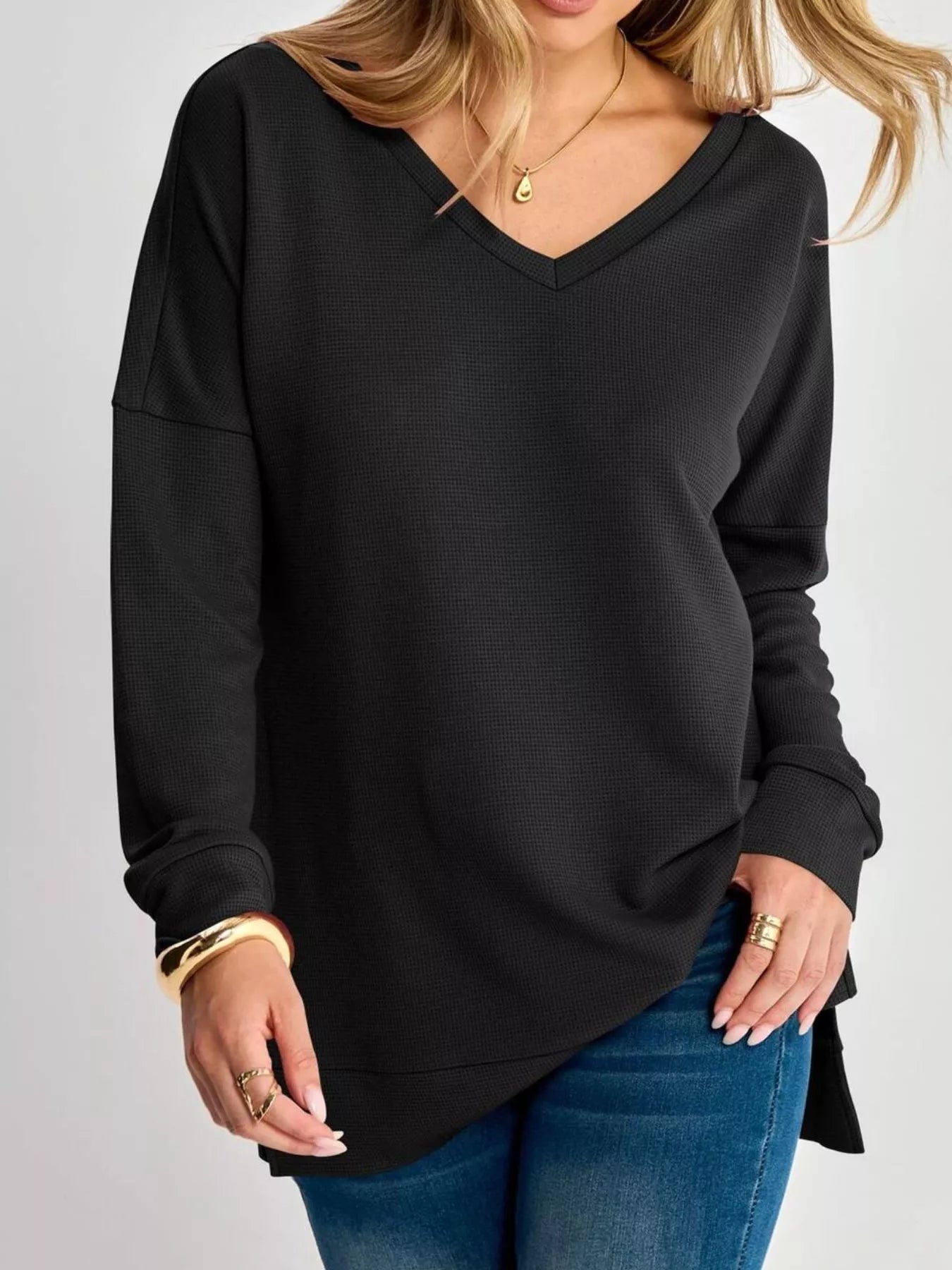 Trendsi Side Slit Waffle Knit V-Neck T-Shirt -