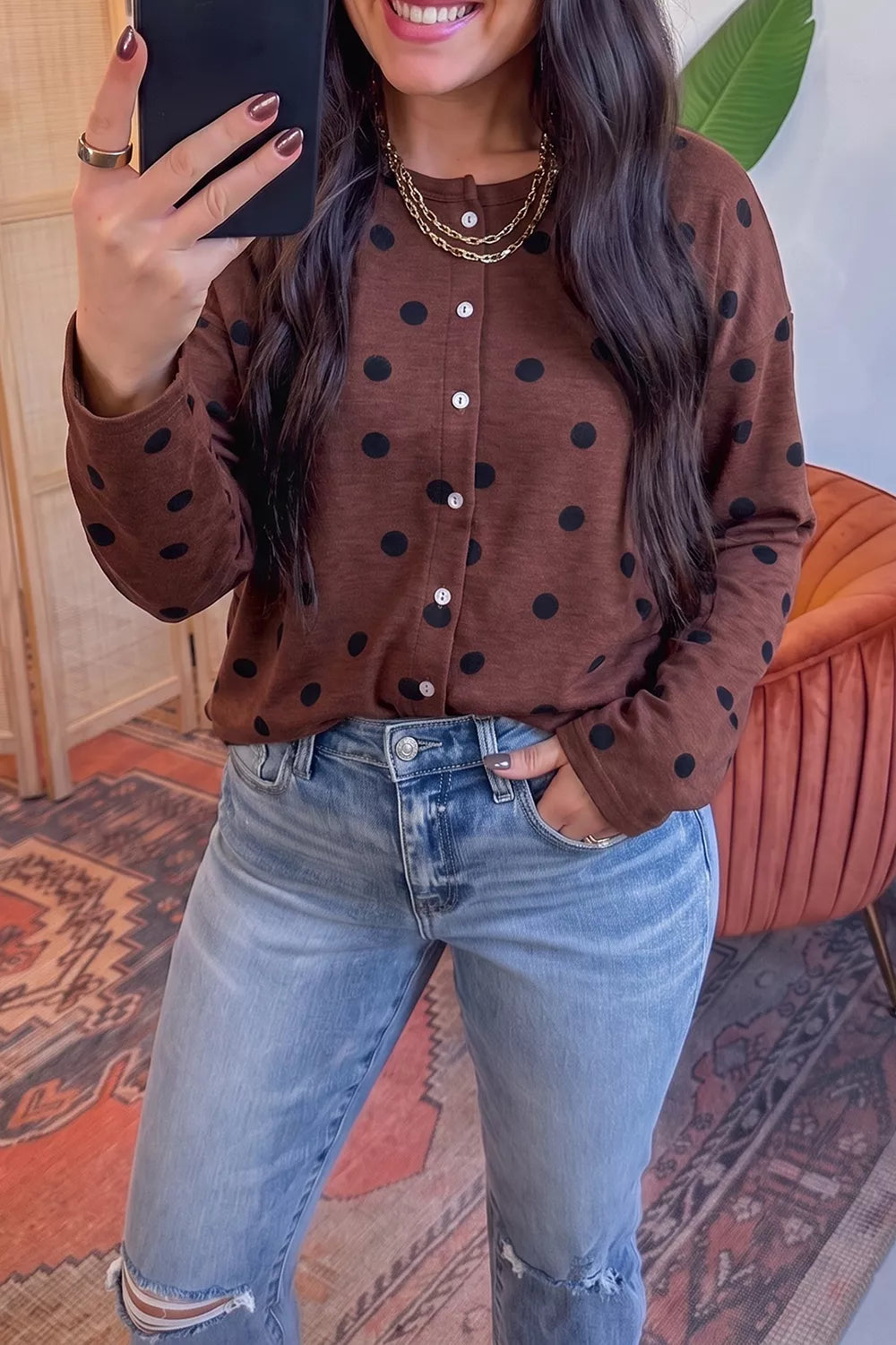 Polka Dot Button Front Long Sleeve Shirt in brown, front view