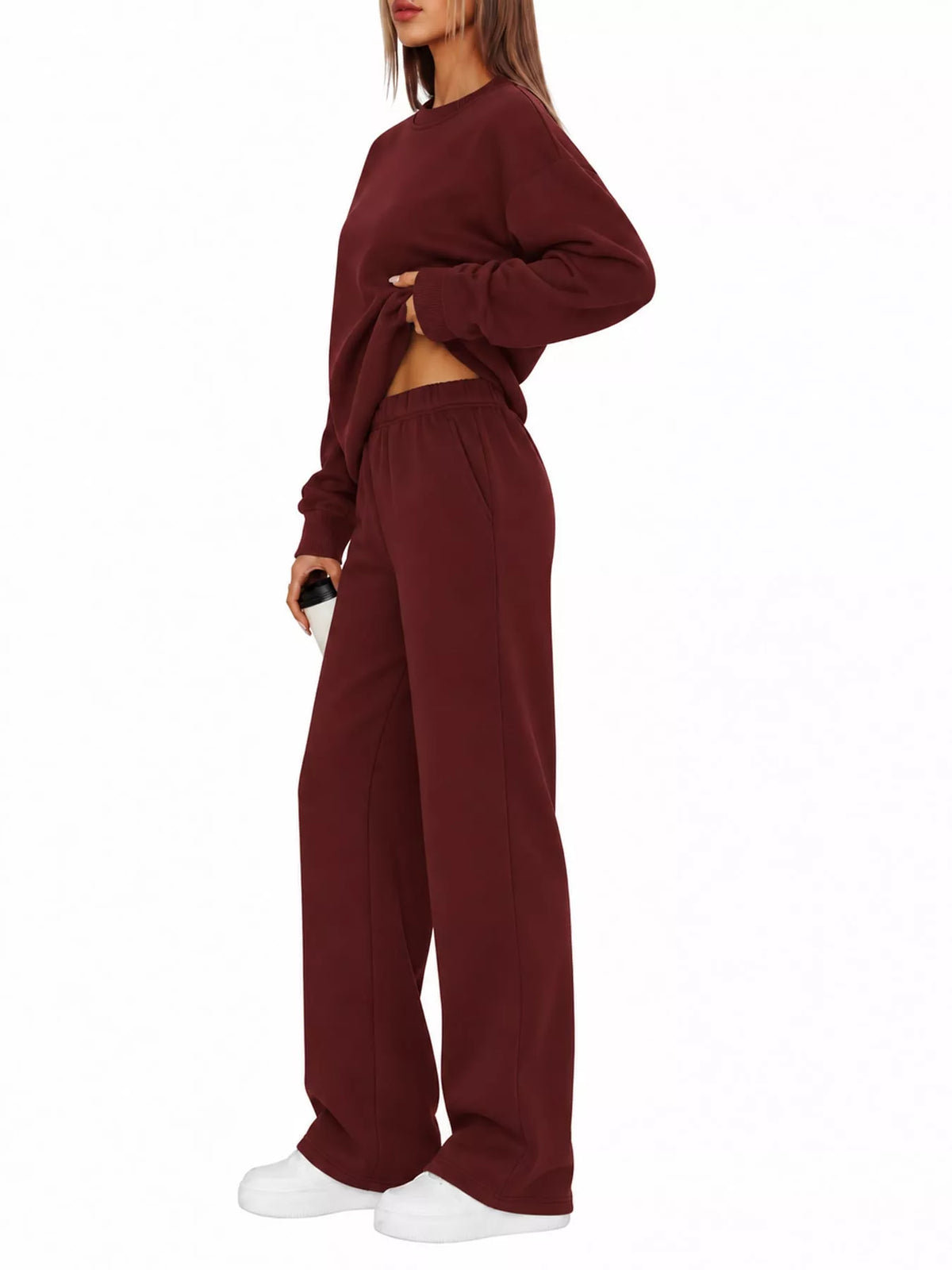 Crewneck Drop Shoulder Sweatshirt and Wide-Leg Pants Set — side view