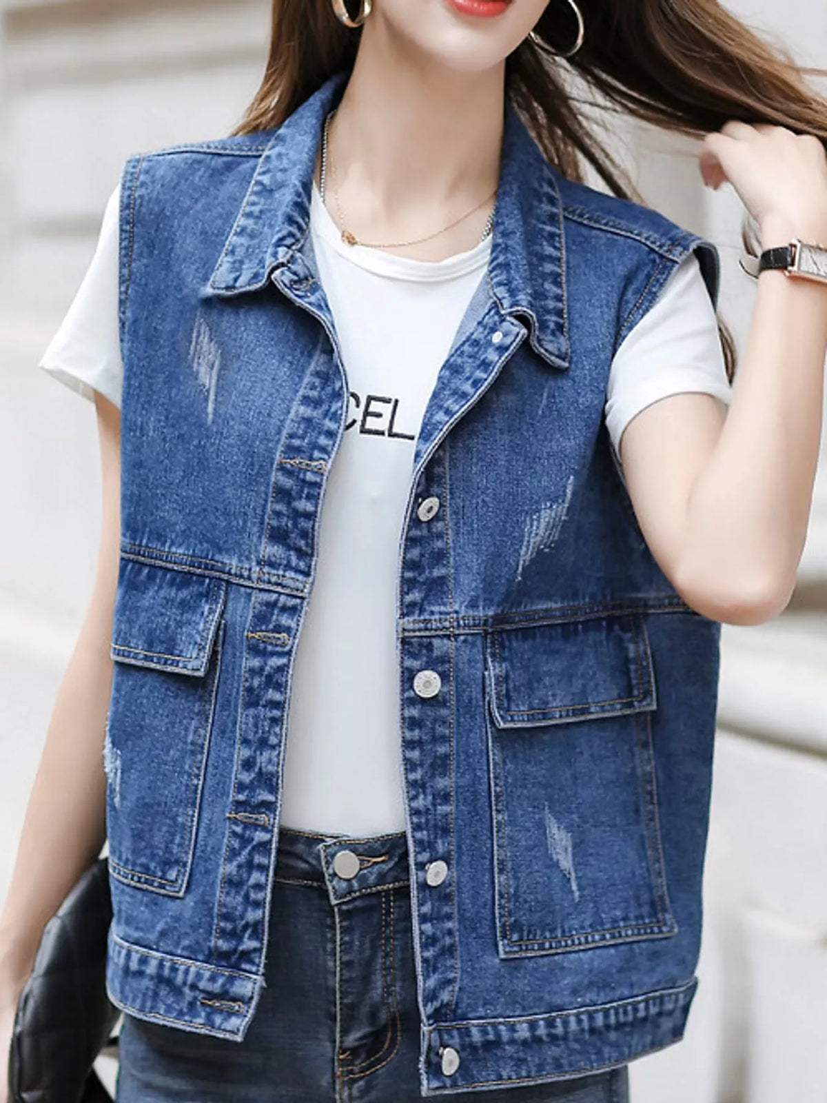 Distressed Washed Denim Vest in blue