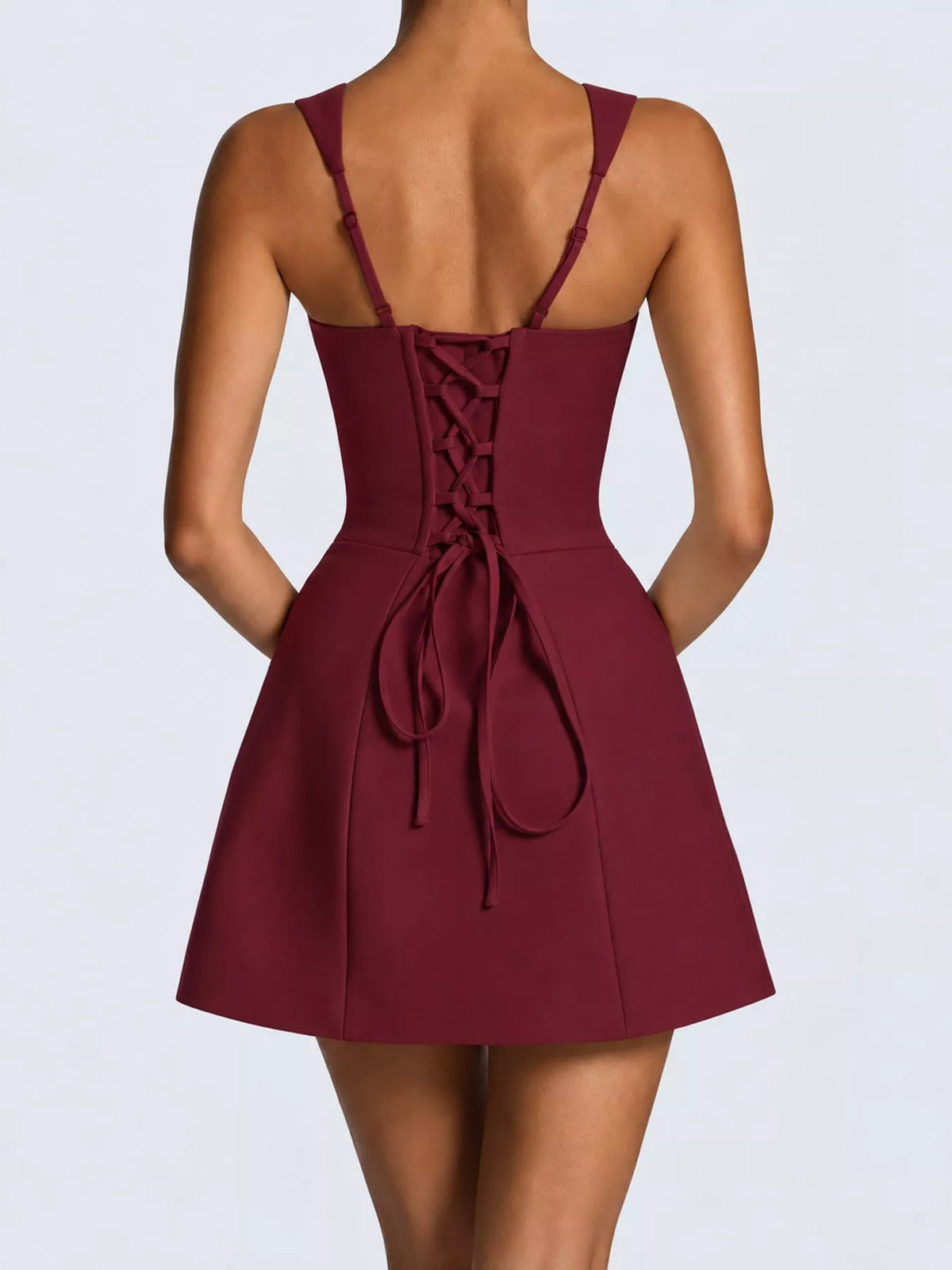 Burgundy square-neck sleeveless mini dress, back view
