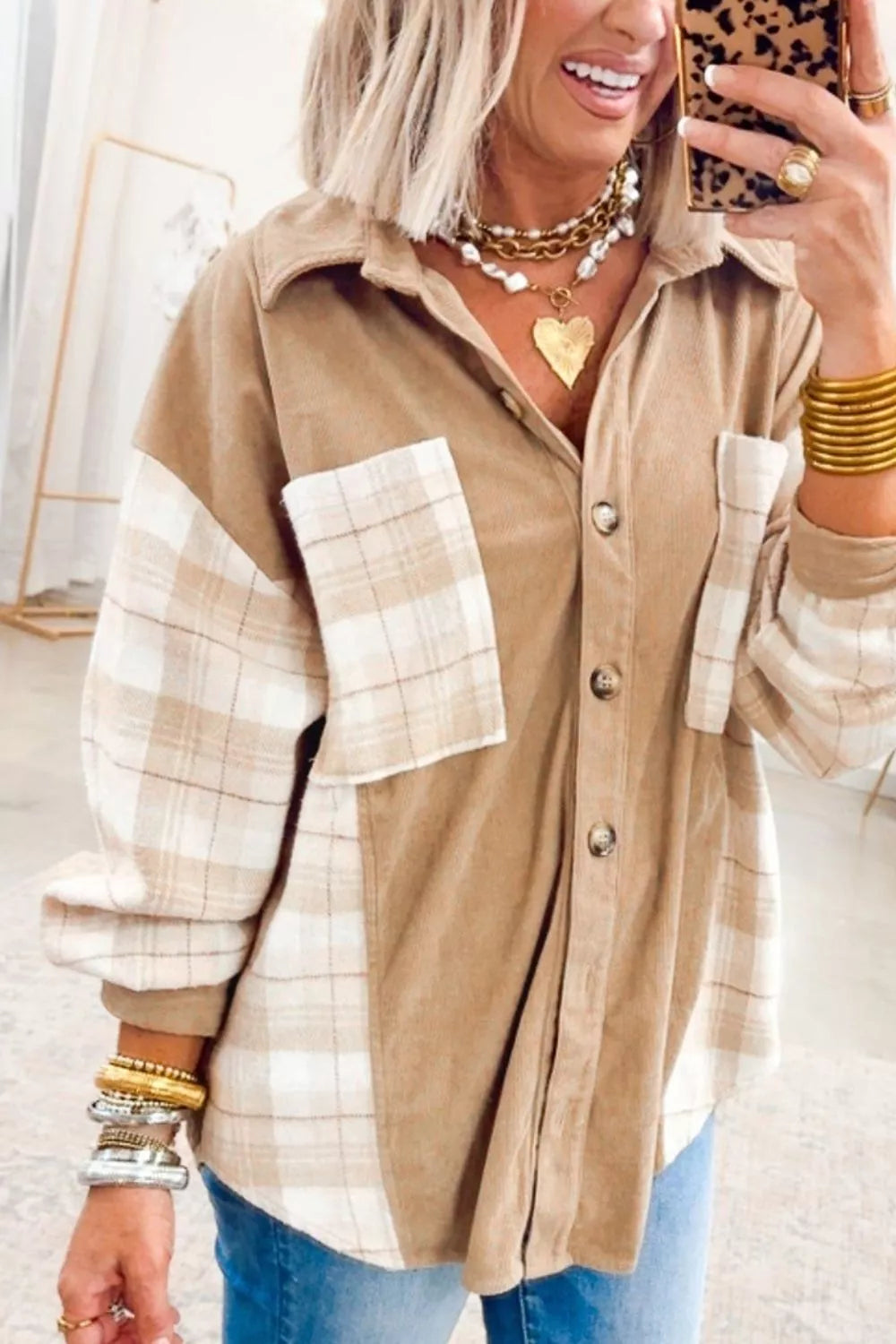Trendsi Plaid Colorblock Shirt Collar Shift Shacket -