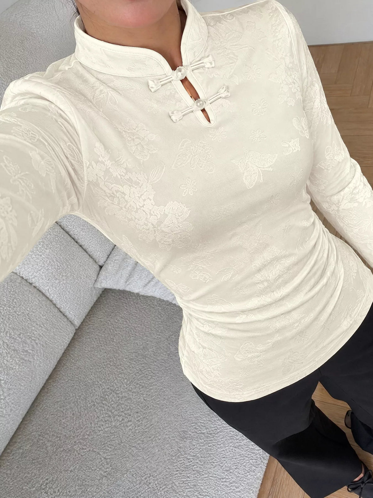 Ivory floral jacquard top with Mandarin collar and loop-button neckline