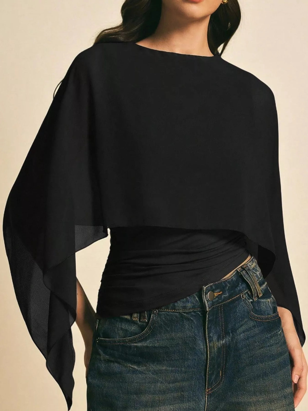 Black cape sleeve round neck blouse