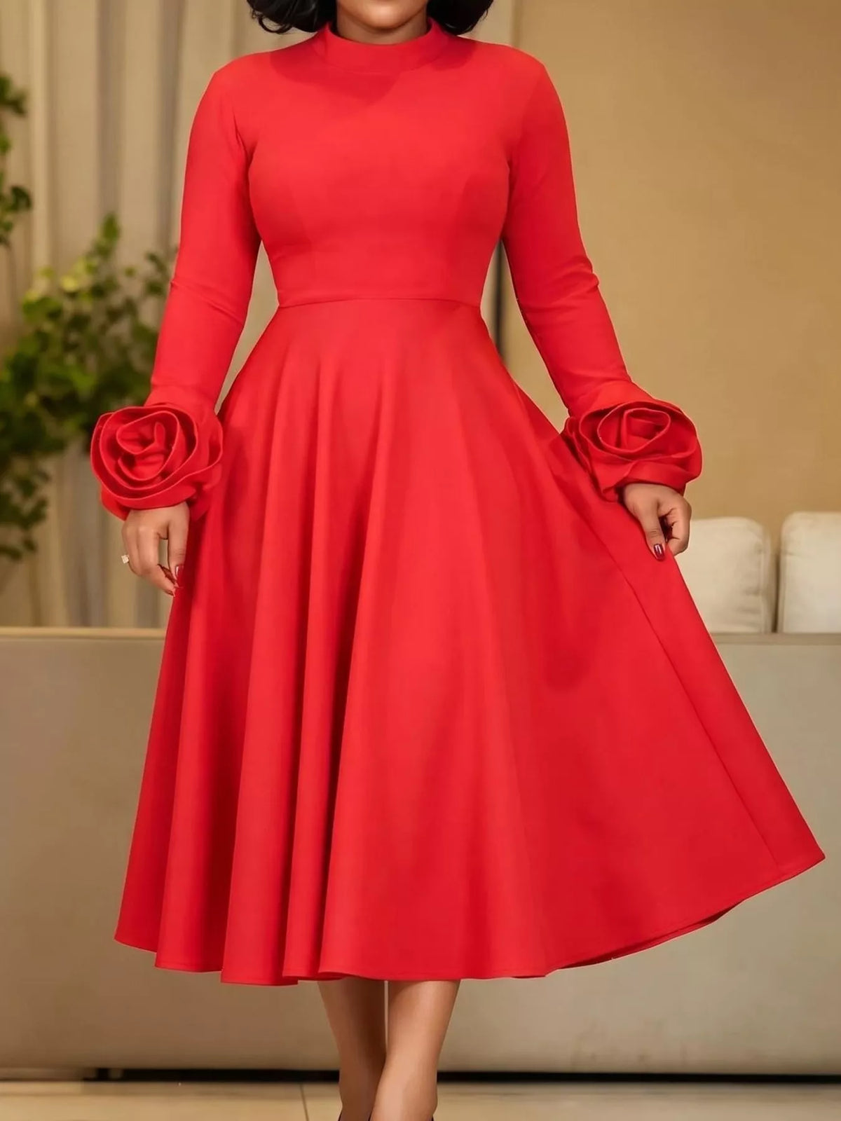 Mock neck long sleeve midi dress, front view on model