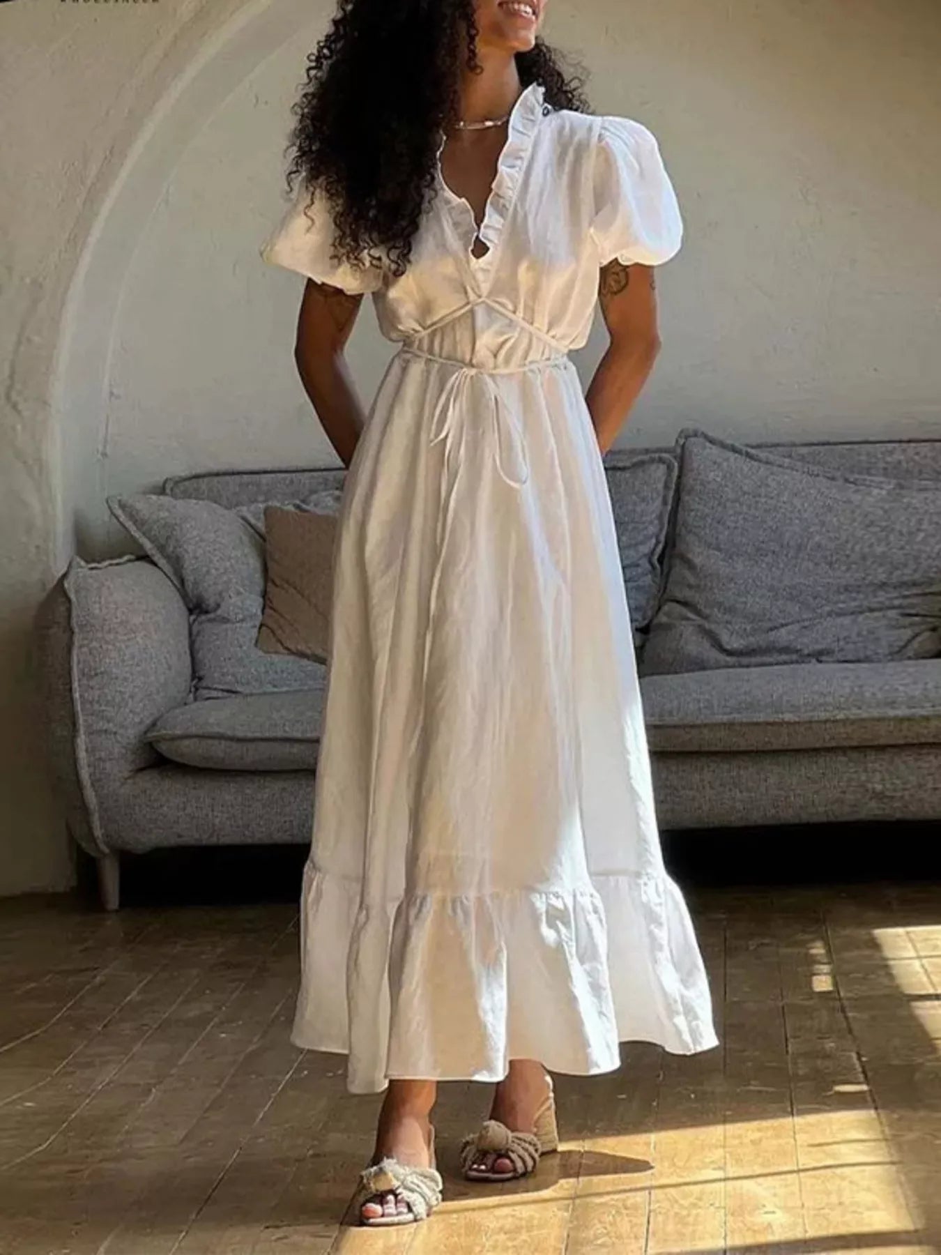 Trendsi Full Size Puff Sleeve Ruffle Trim Maxi Dress Plus Size -