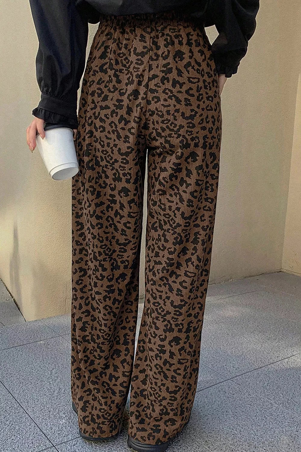 Trendsi Leopard Print Elastic High Waist Loose Corduroy Pants -