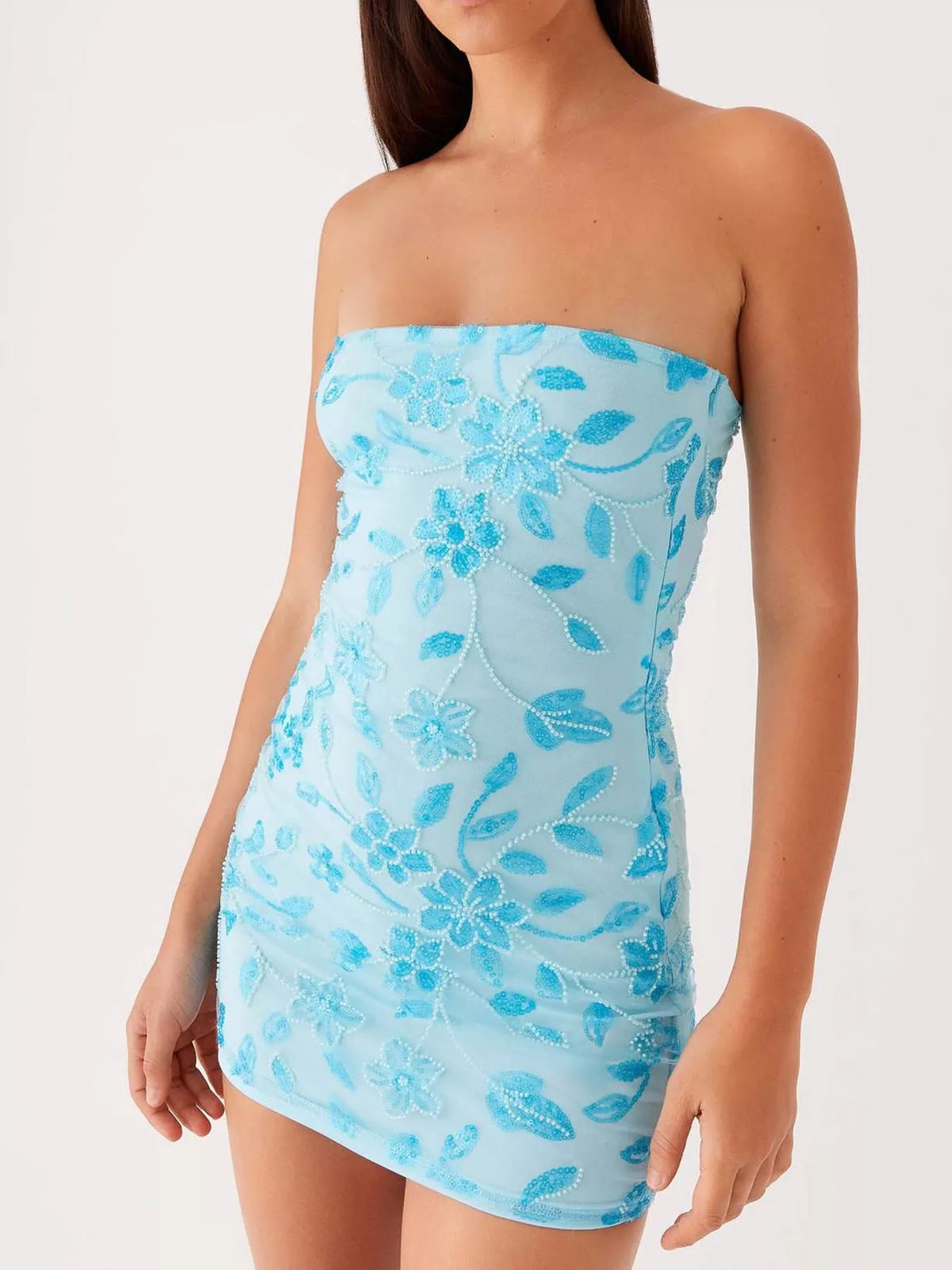 strapless mini dress, front view on model