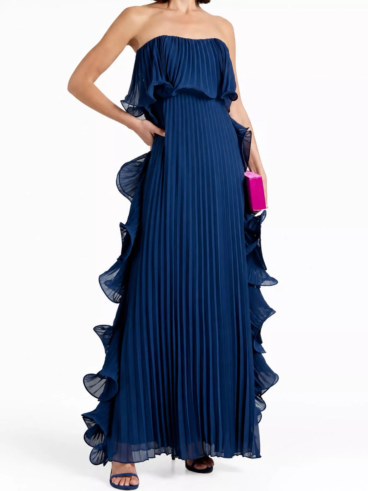 Ruffled Strapless Pleated Maxi Dress — front view