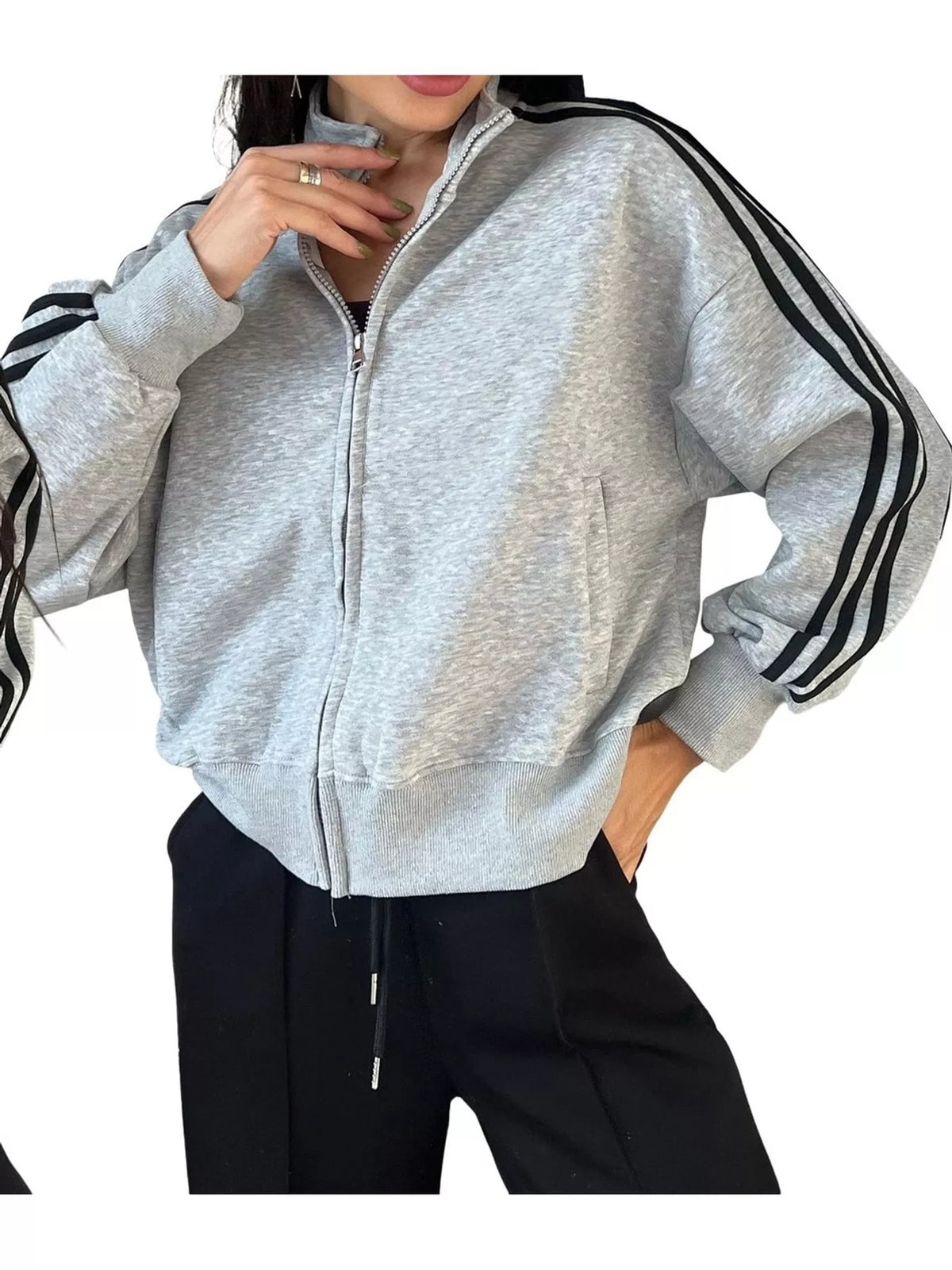 Gray side stripes zip-up sweatshirt — front view