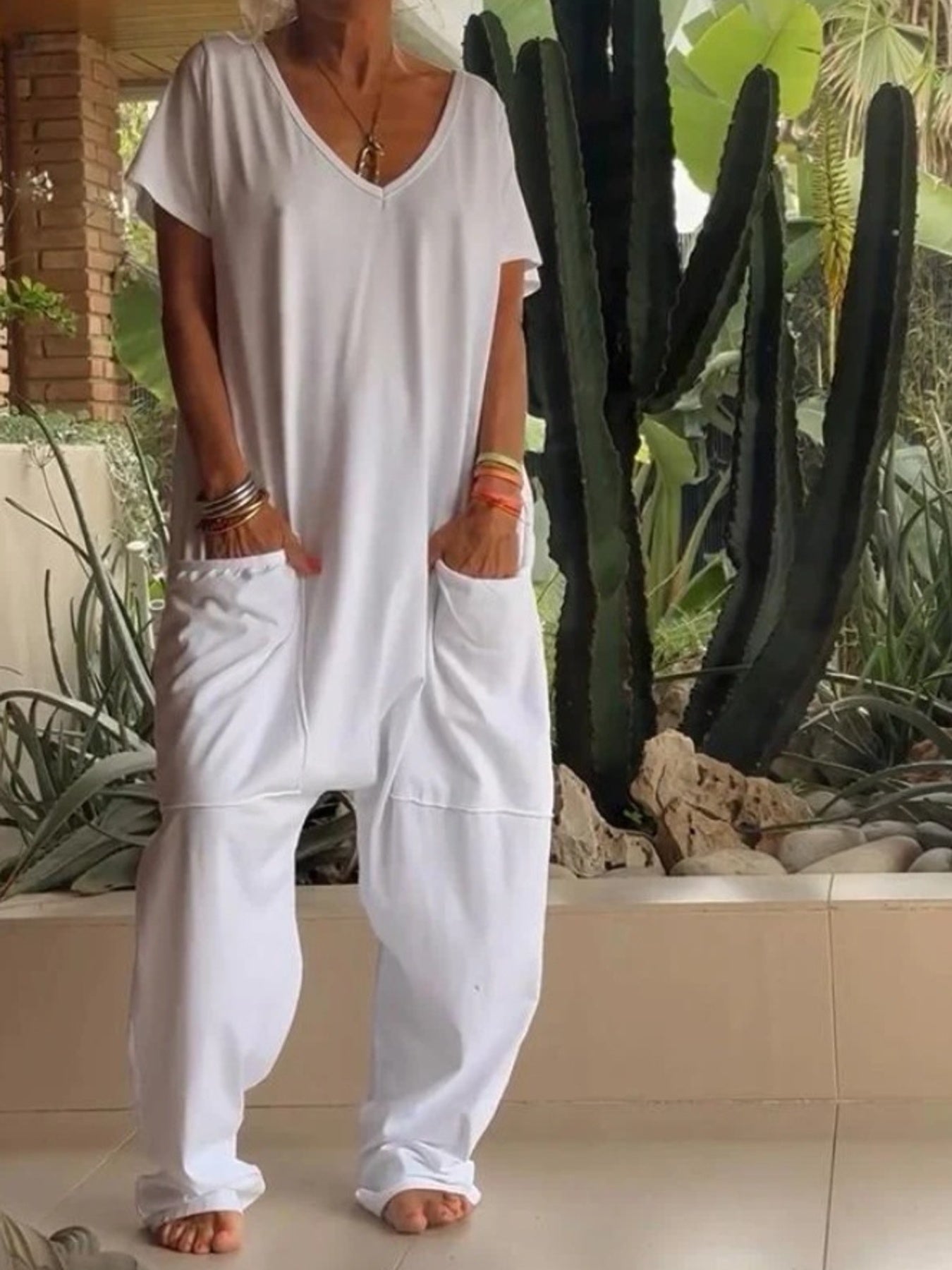 Trendsi Full Size Loose Fit V-Neck Short Sleeve Wide Leg Jumpsuit Plus Size -