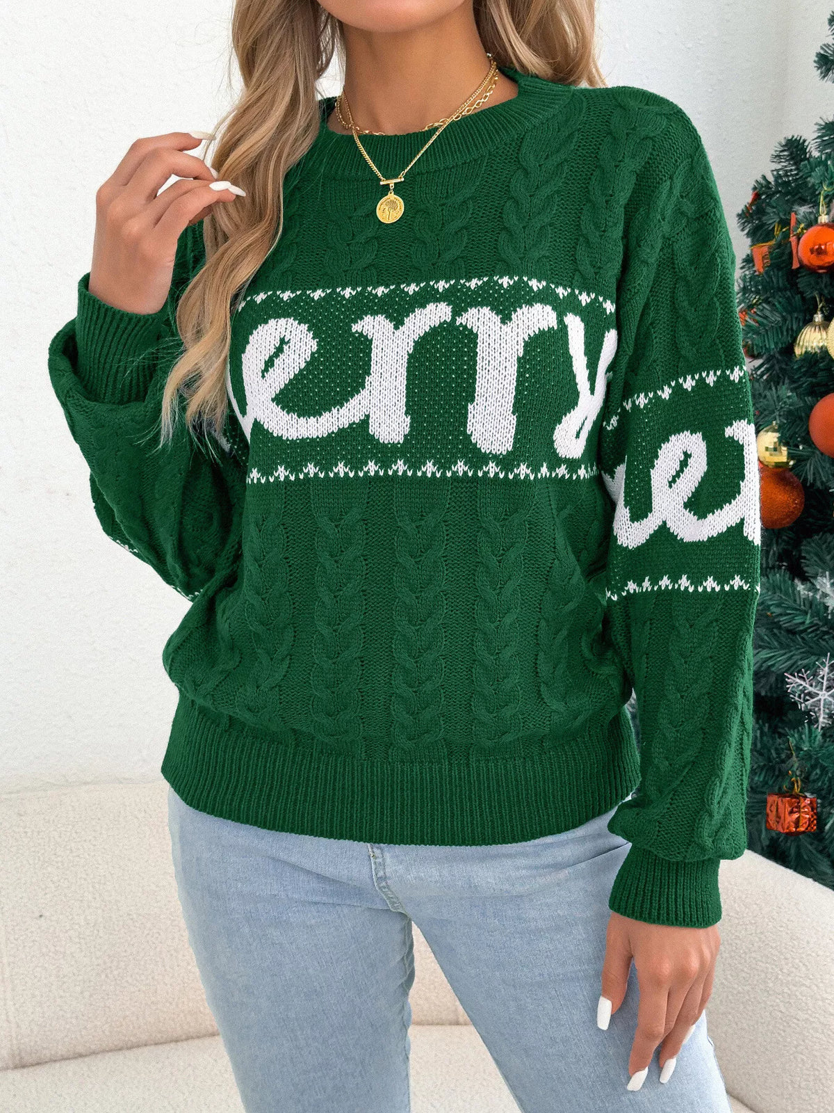 Merry Cable Knit Sweater in green, front view