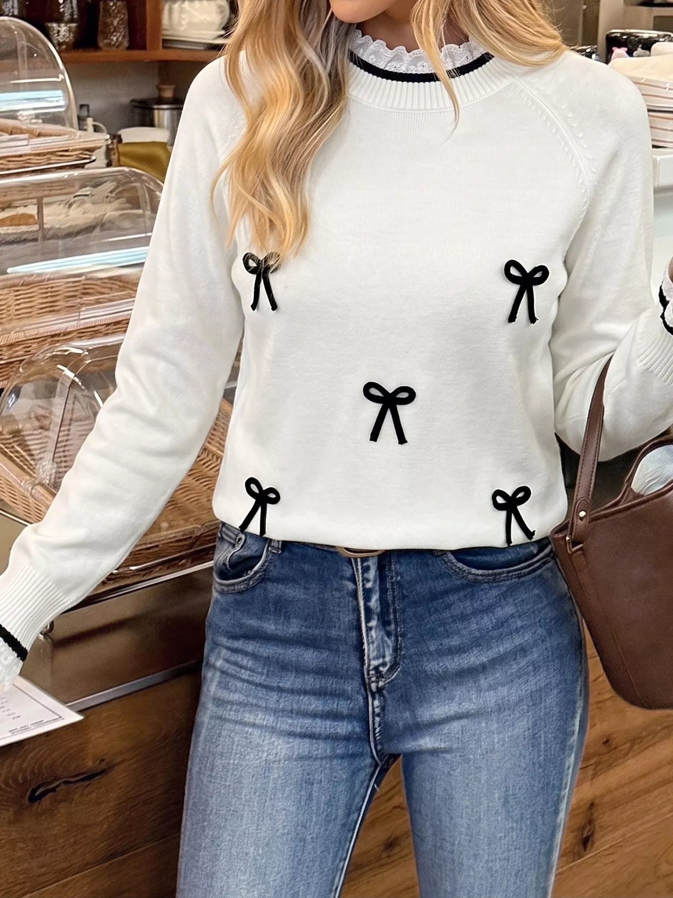 Trendsi Bow-Embellished Lace Trim Sweater -