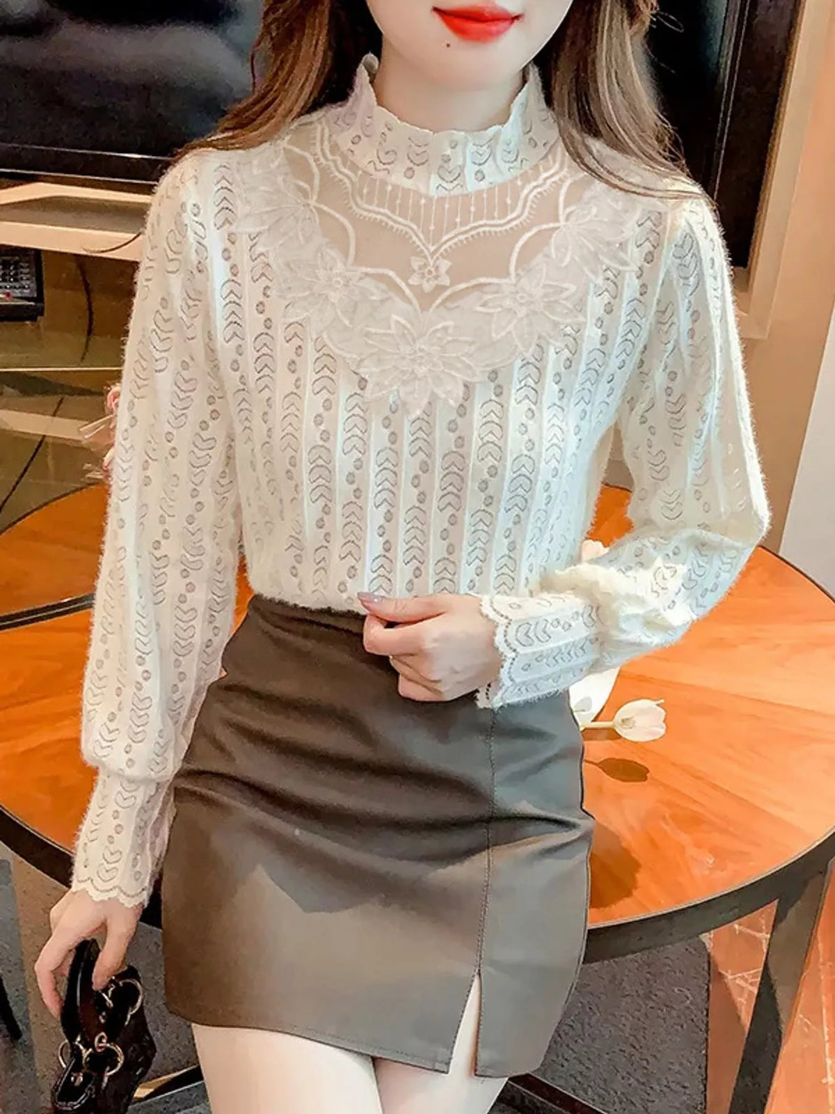 Apricot-Double Layer Lined Opaque mock neck sheer floral lace blouse