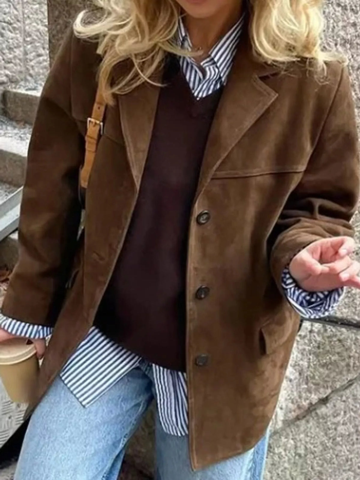 Dark brown lapel blazer, front view