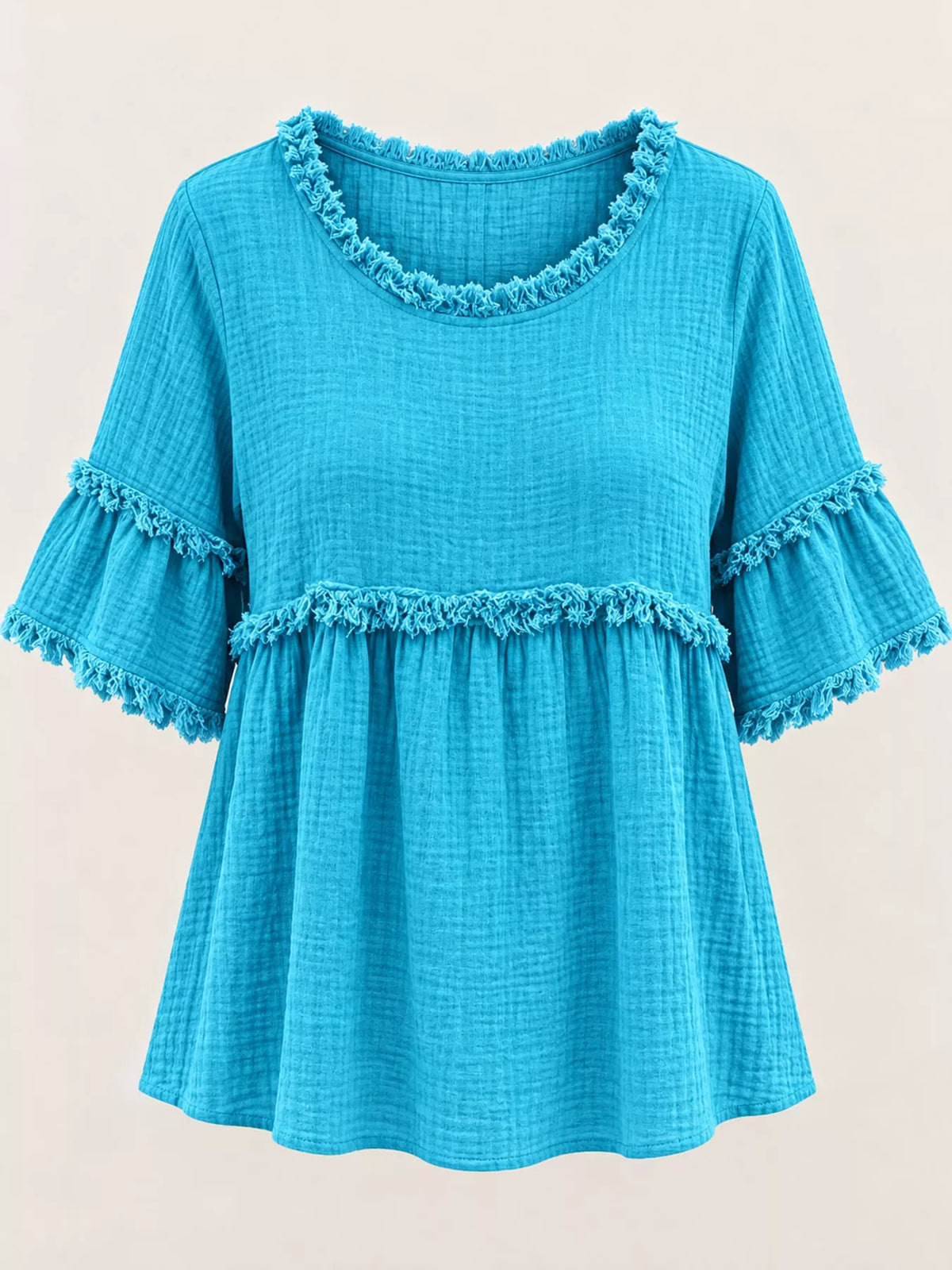 Turquoise frayed edge textured blouse