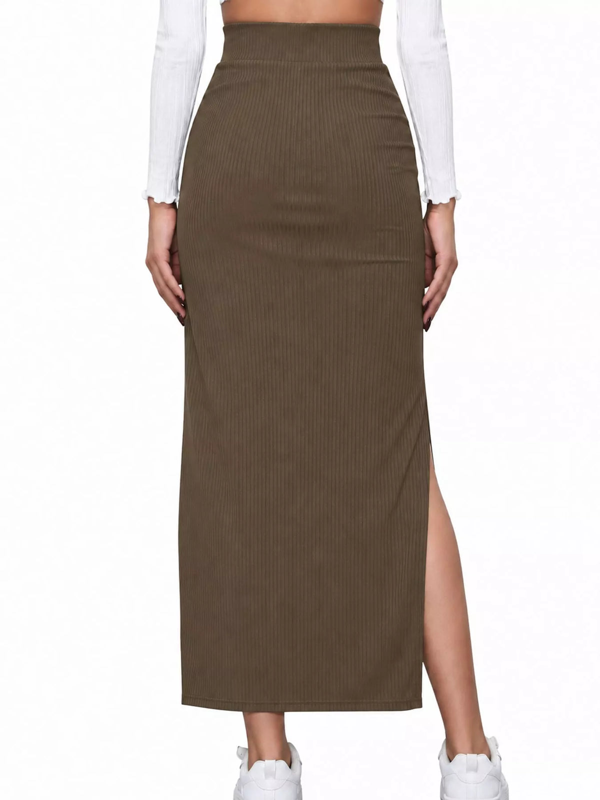 Brown side slit skirt — back view