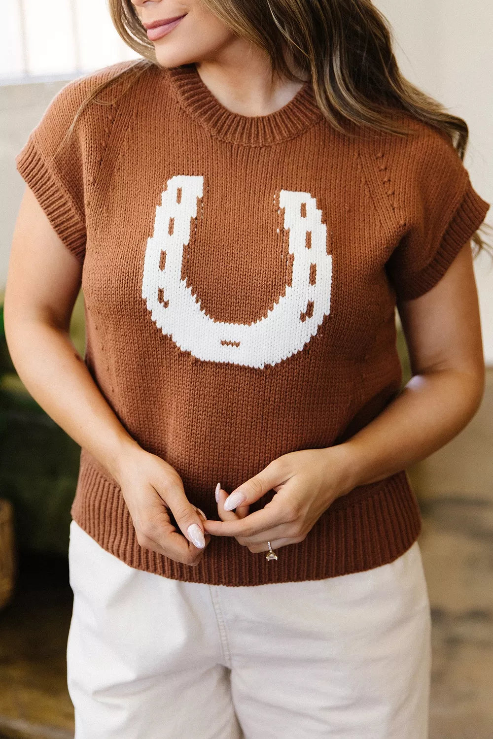Trendsi Western Horseshoe Pattern Short Sleeve Knit Sweater -