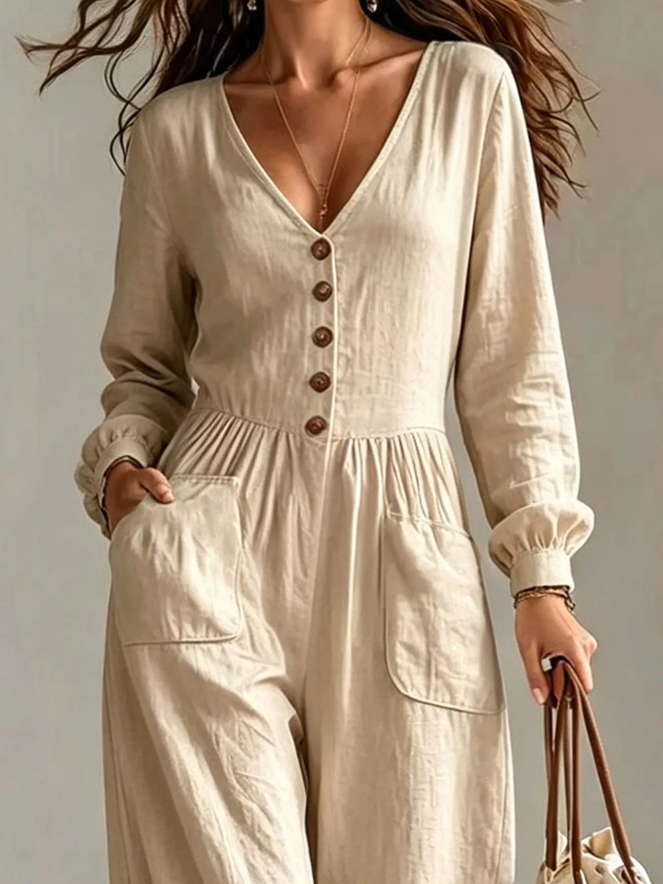Trendsi V-Neck Long Sleeve Button-Down Wide Leg Jumpsuit -