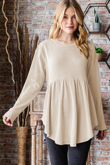 Trendsi Heimish Full Size Round Neck Long Sleeve Ribbed Babydoll Top - Shirts