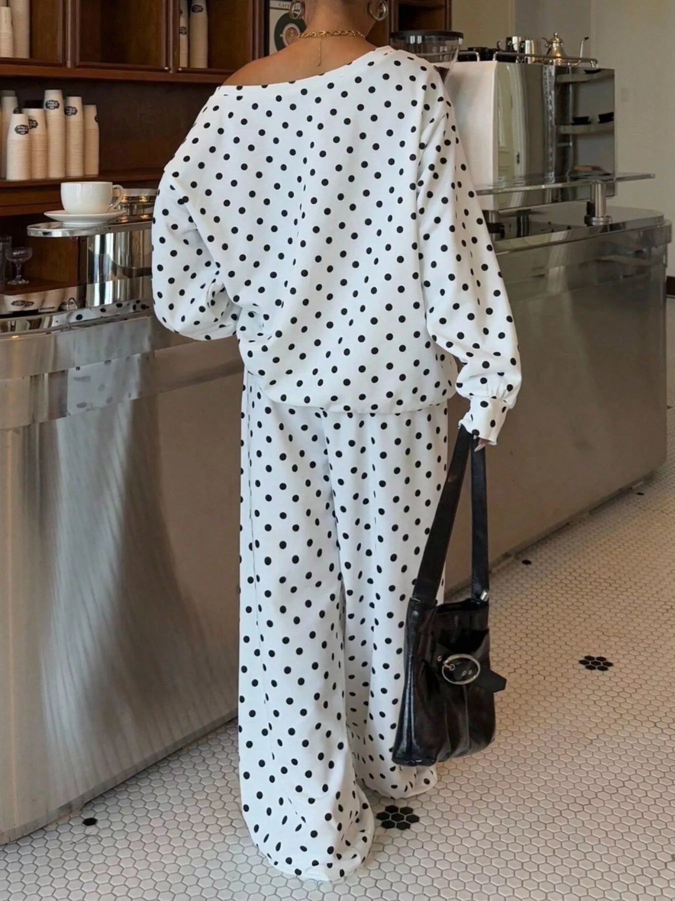 Women's polka dot boat neck top and pants set