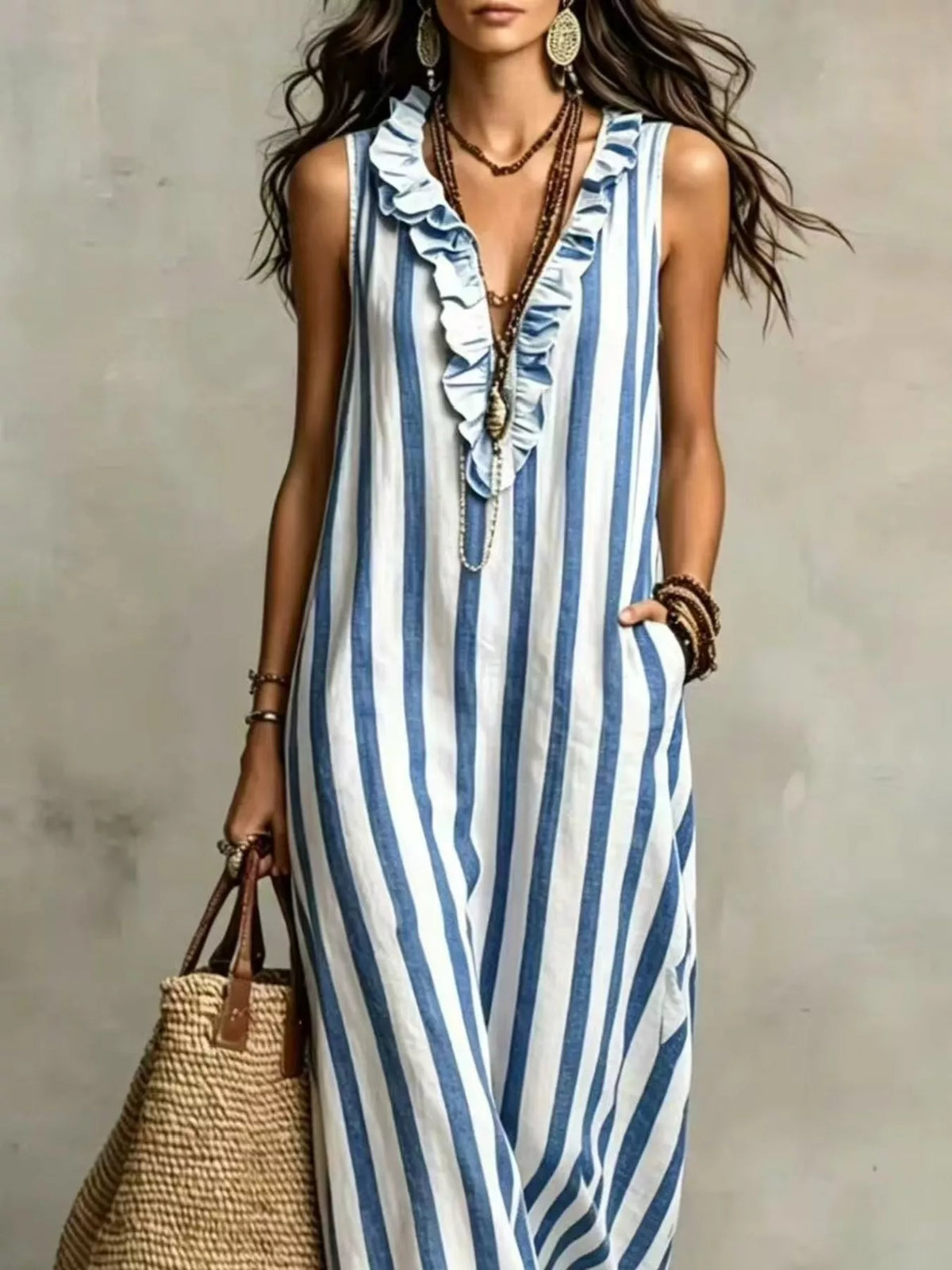 Blue and white striped sleeveless maxi dress, neckline and stripe detail