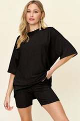 Trendsi Double Take Full Size Texture Round Neck Drop Shoulder T-Shirt and Shorts Set - Shorts