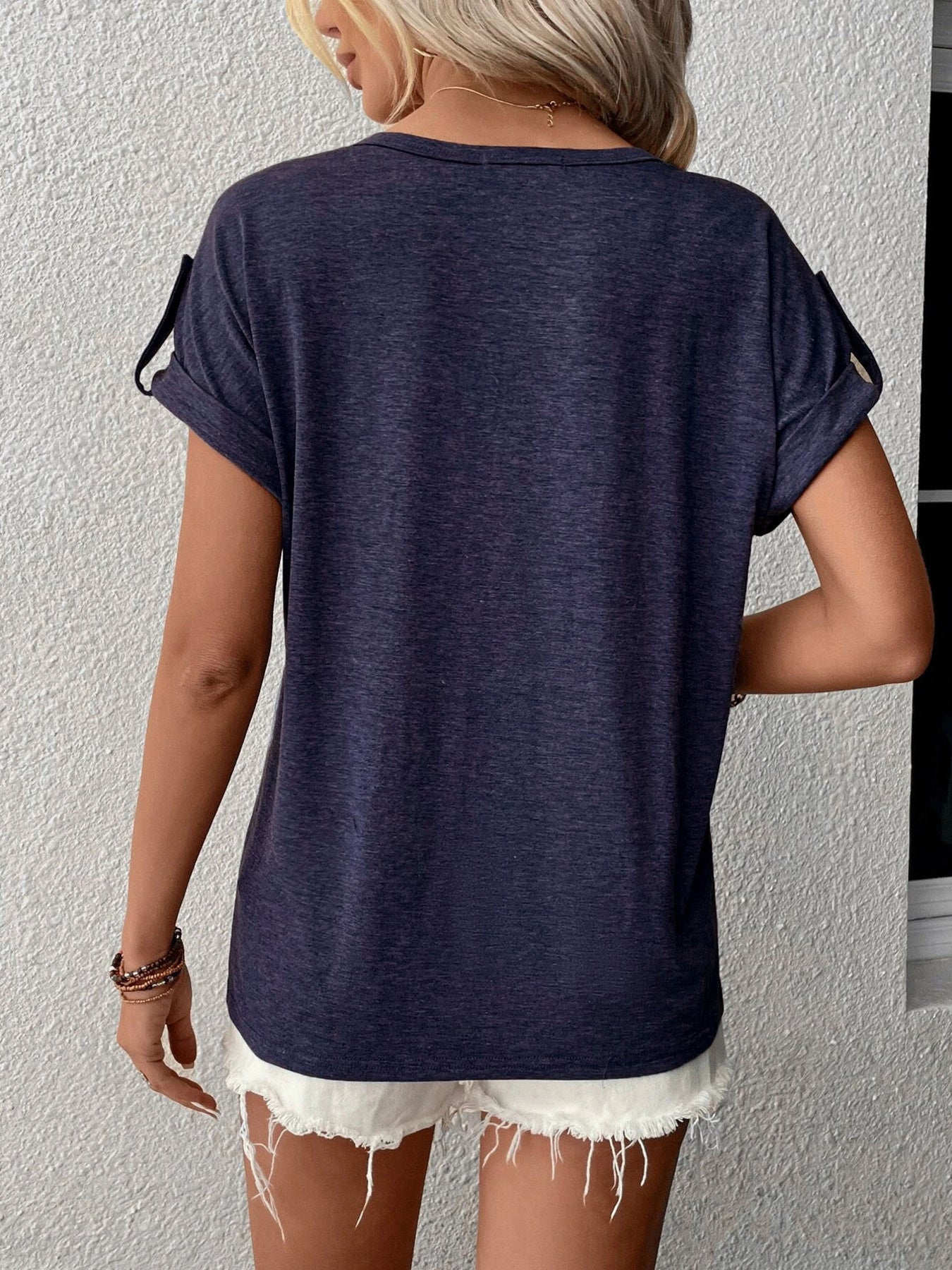 Trendsi Full Size Casual V-Neck Henley Top with Rolled Sleeves Plus Size - Shirts