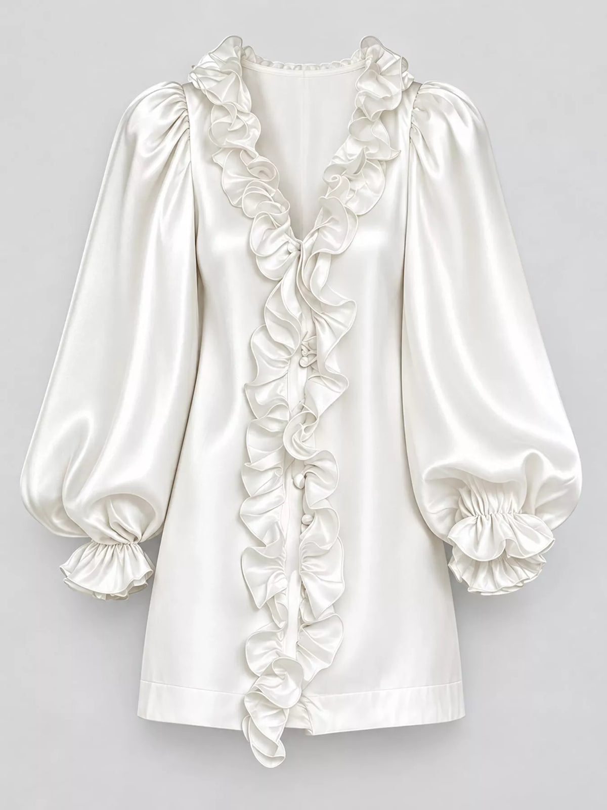 Ruffle Trim Puff Sleeve Mini Dress in white, front view