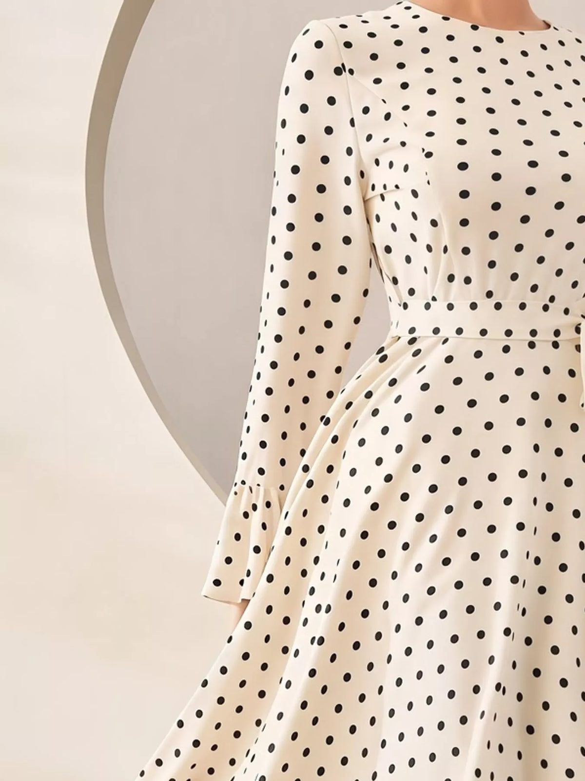 Polka Dot Long Sleeve Maxi Dress with Waist Tie, detail view in cream and black