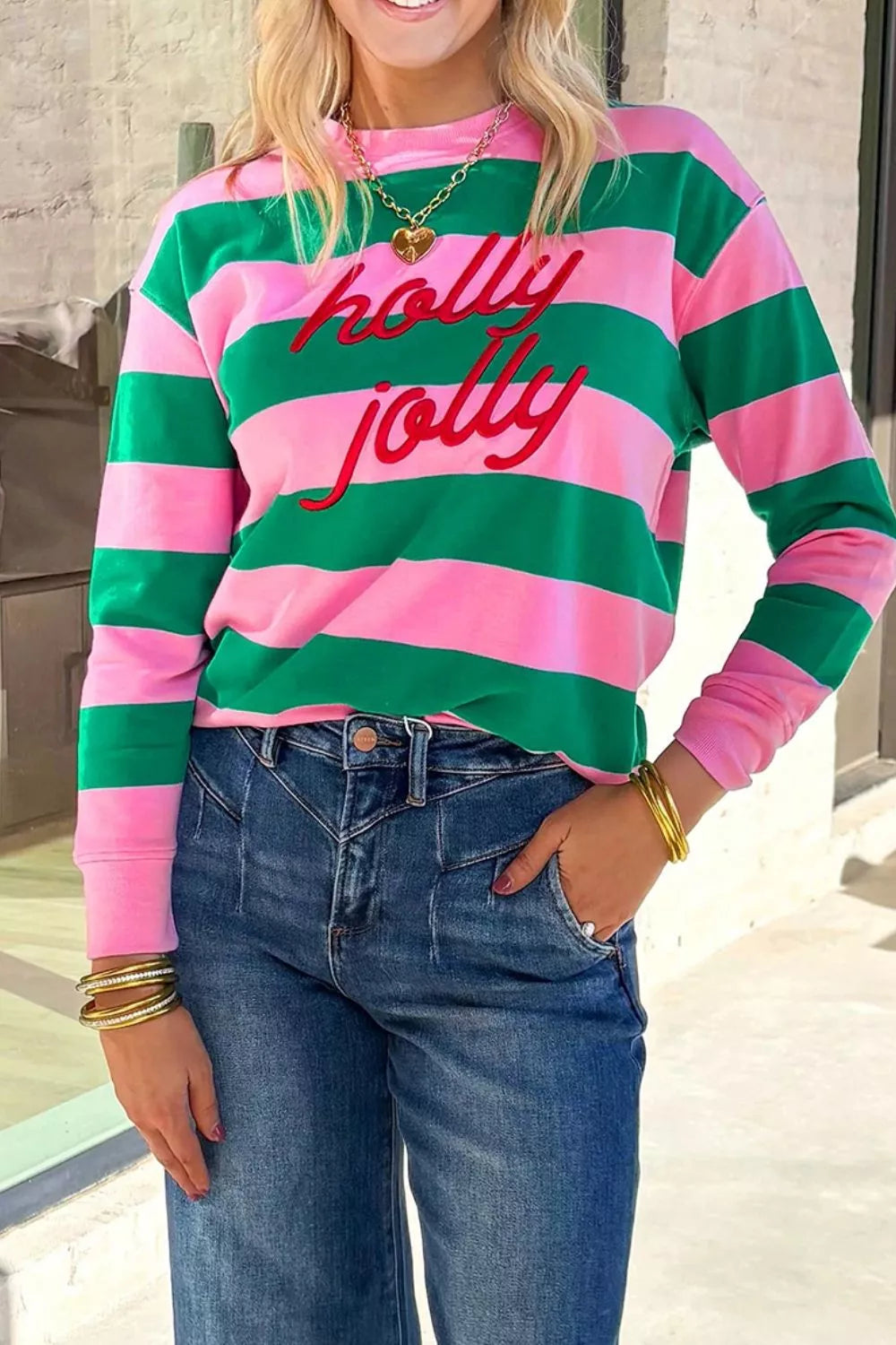 Trendsi Stripe holly jolly Letter Embroidered Pullover Sweatshirt -