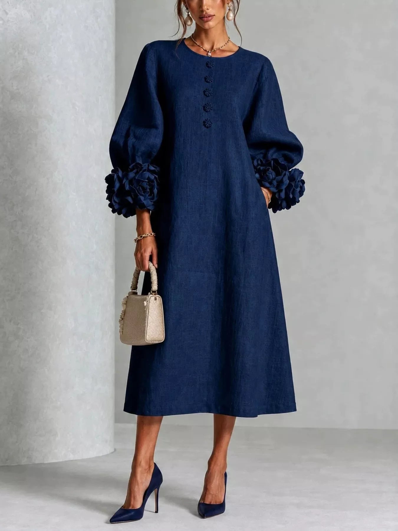 Trendsi 3D Floral Round Neck Midi Dress -