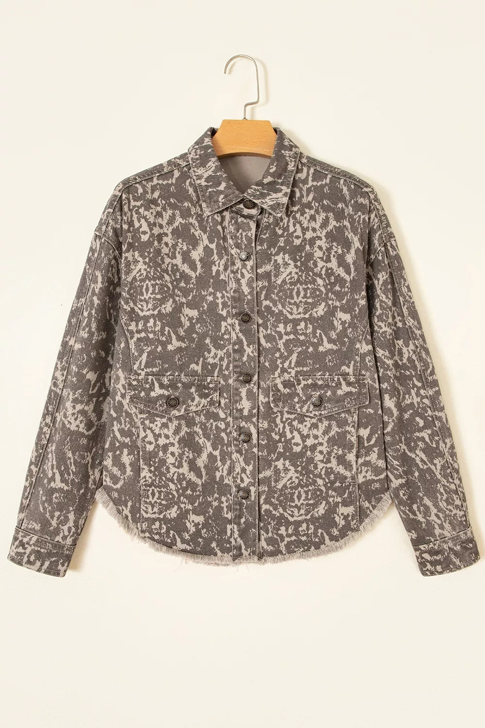 Trendsi Abstract Print Long Sleeve Collar Raw Hem Denim Jacket -
