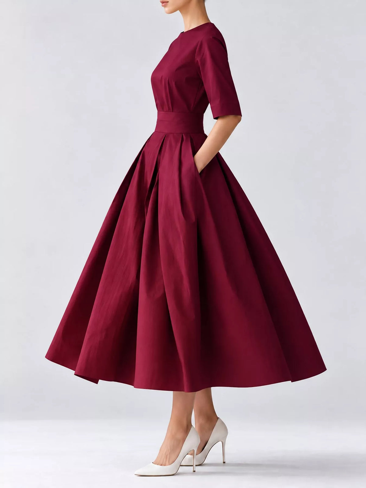 Round neck short sleeve midi dress, side view