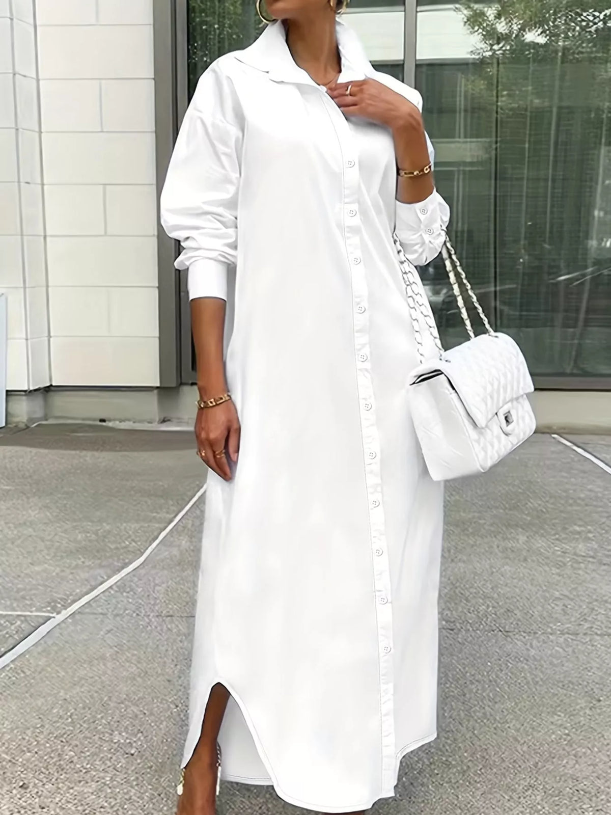 Longline button-down shirt, white buttoned front