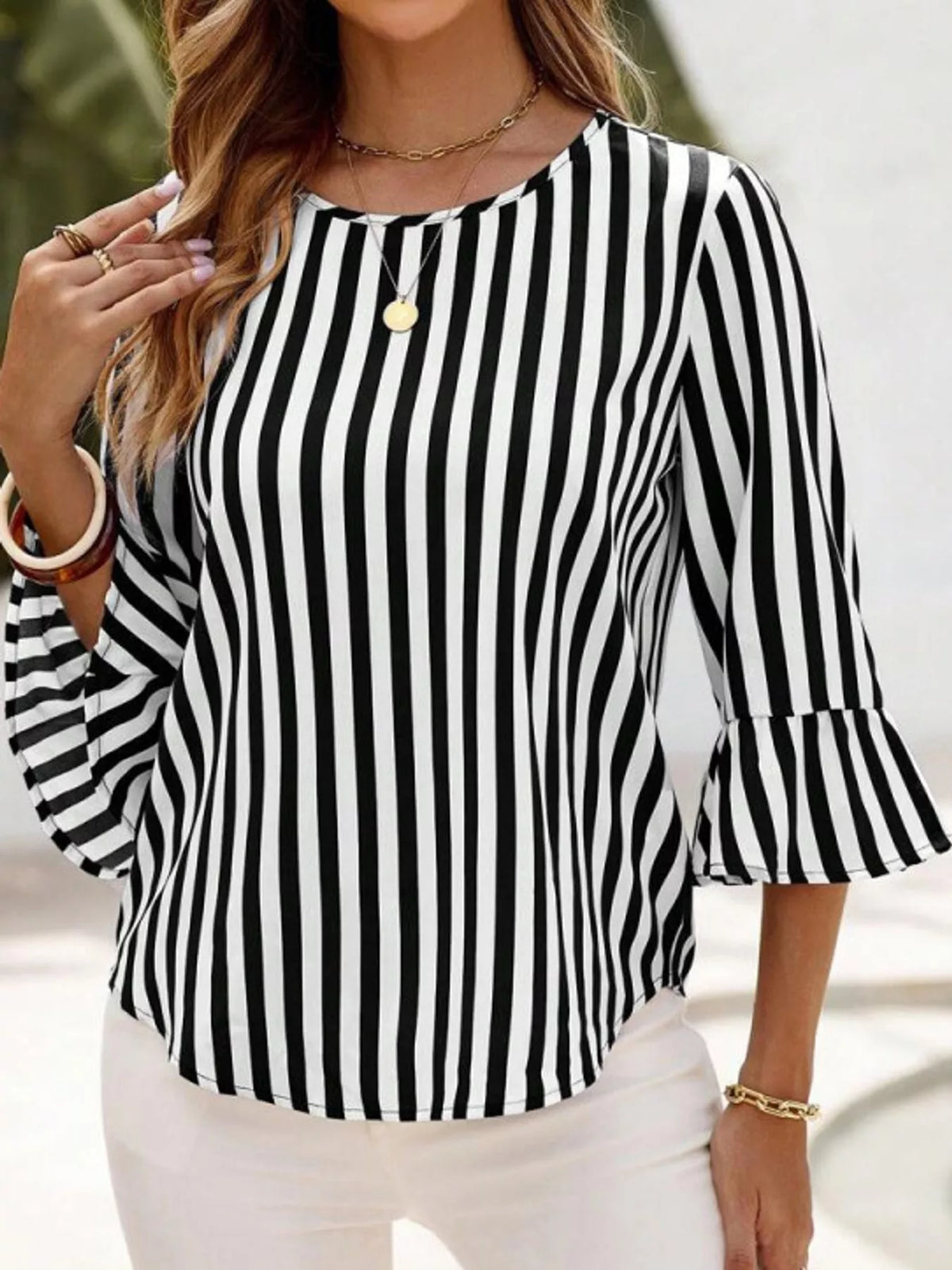 Striped Bell Sleeve Blouse — front view